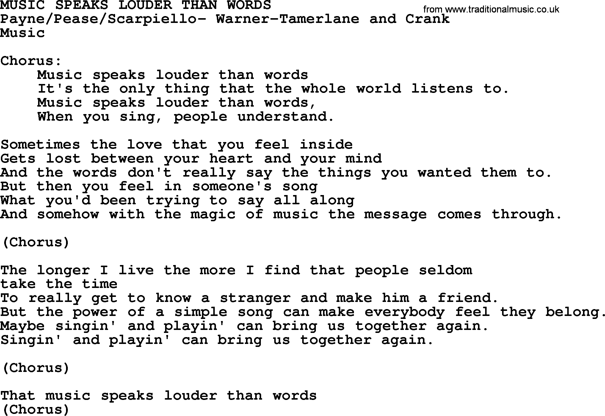 Peter, Paul and Mary song Music Speaks Louder Than Words lyrics