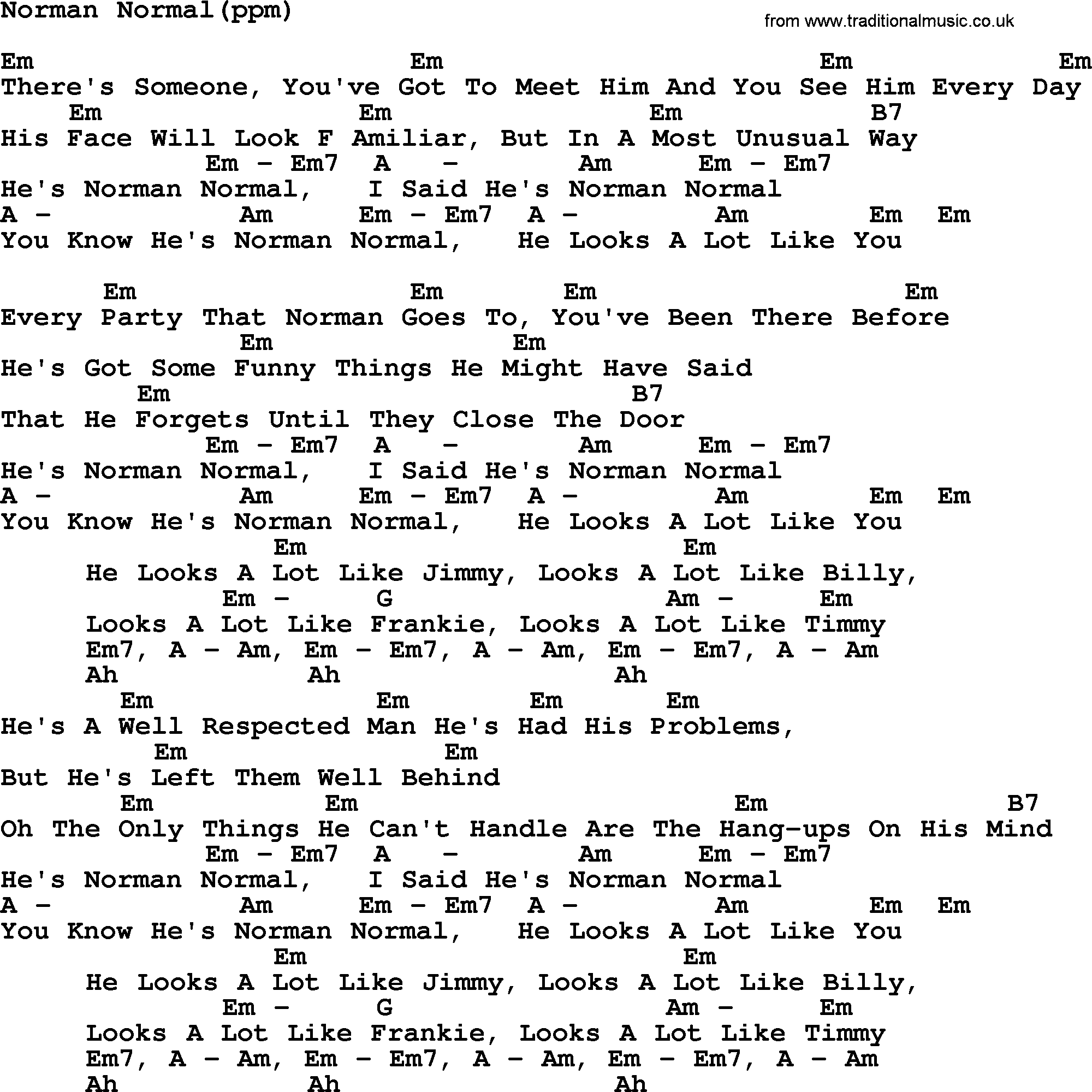Peter, Paul and Mary song Norman Normal, lyrics and chords