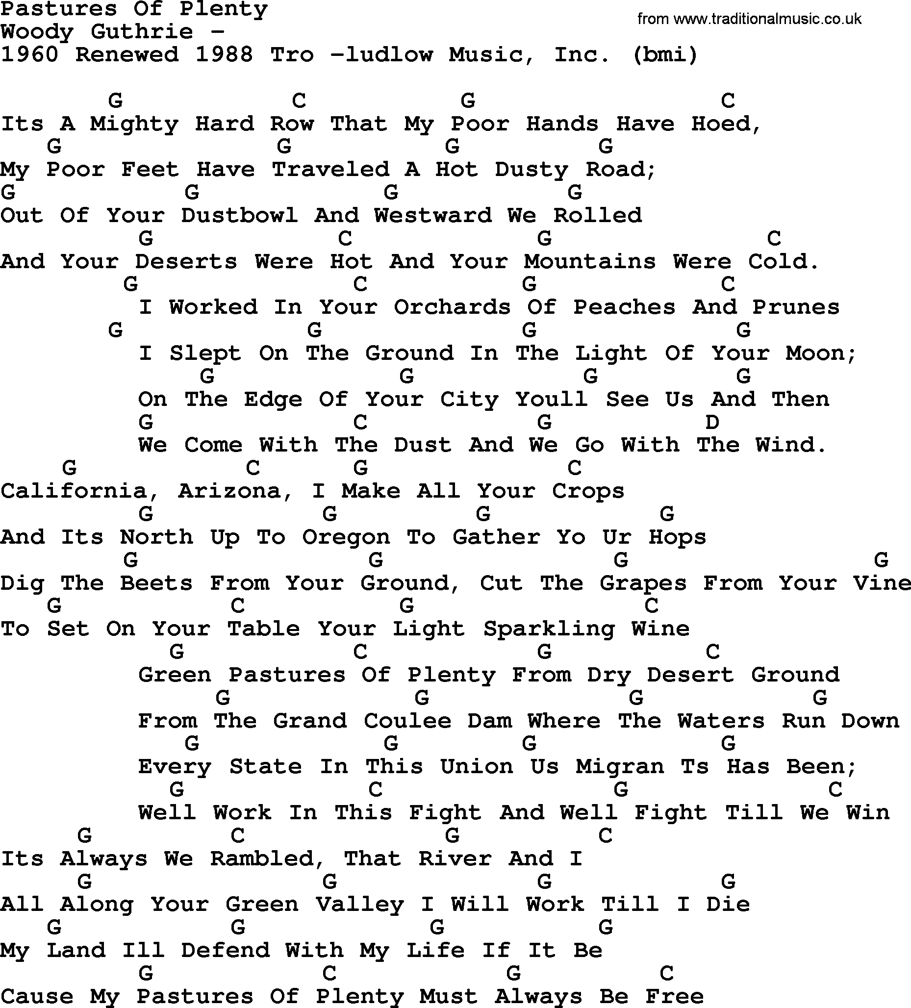 Peter, Paul and Mary song Pastures Of Plenty, lyrics and chords