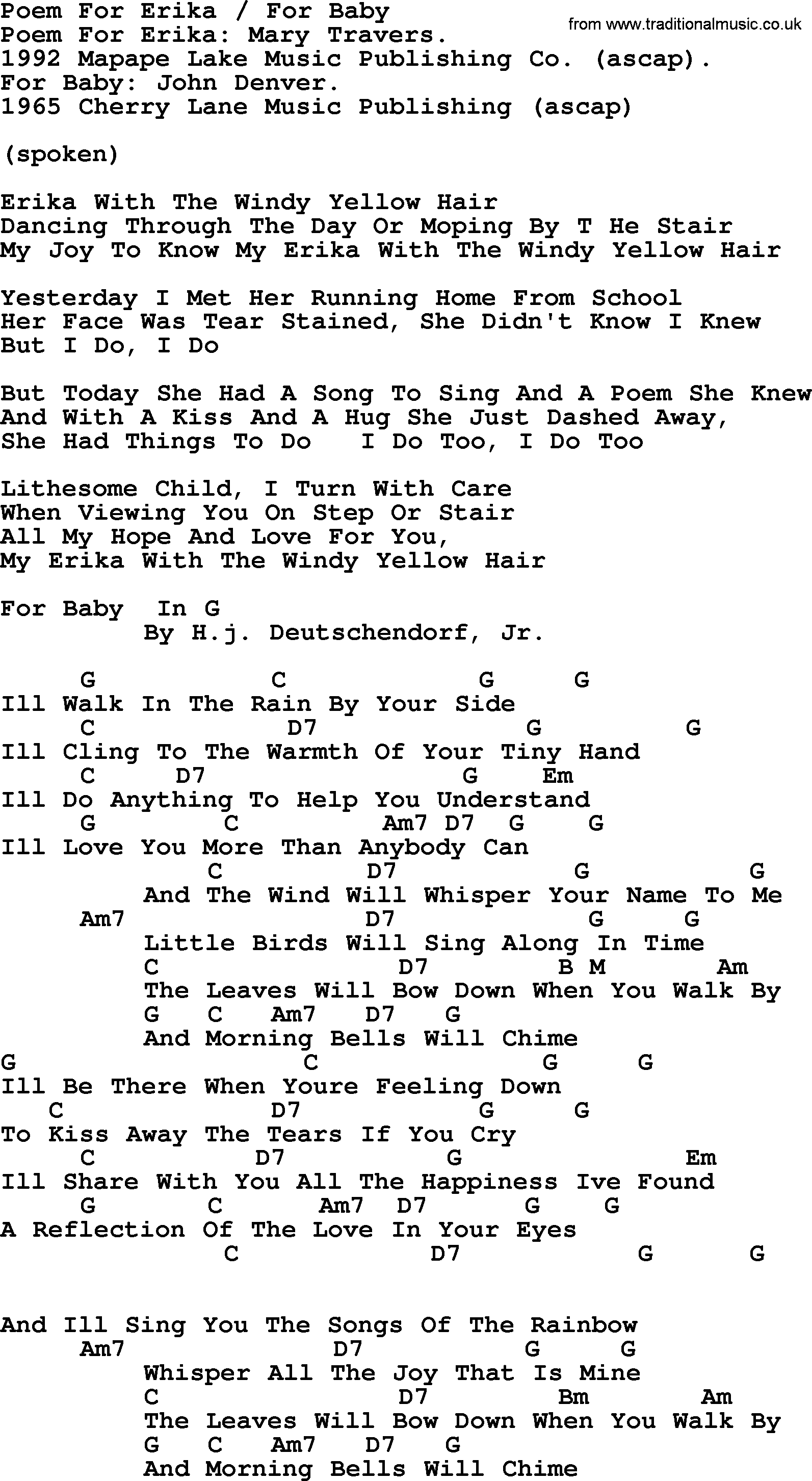 Peter, Paul and Mary song Poem For Erika And For Baby, lyrics and chords