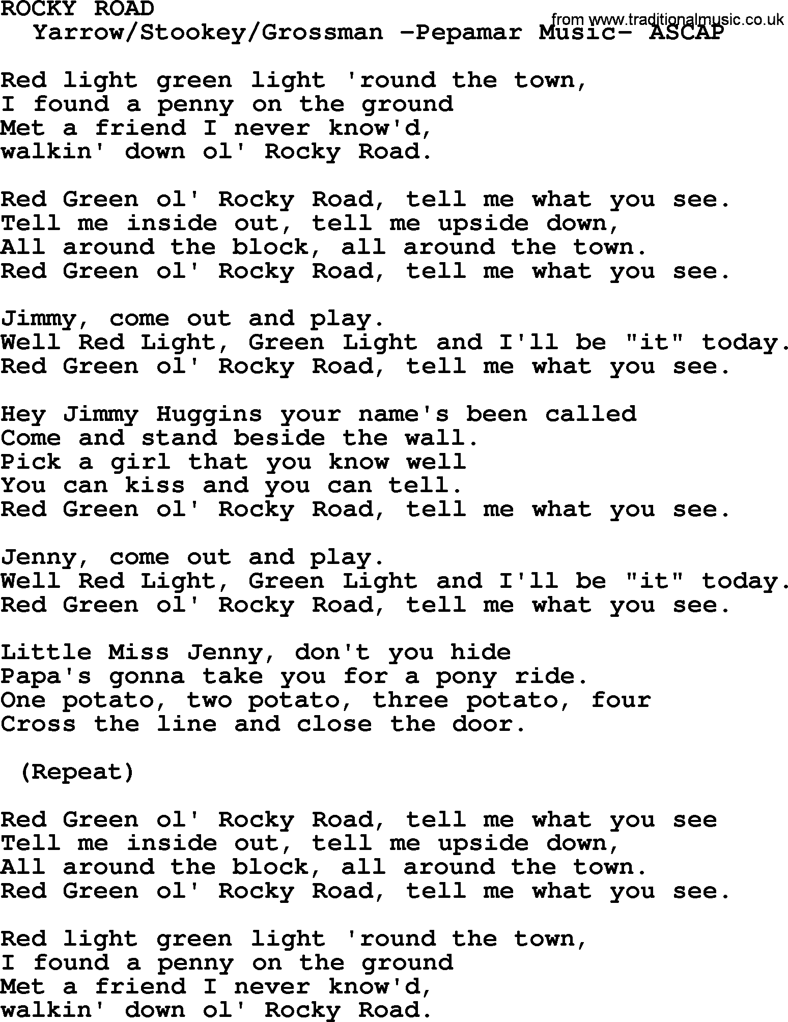 Peter, Paul and Mary song Rocky Road lyrics