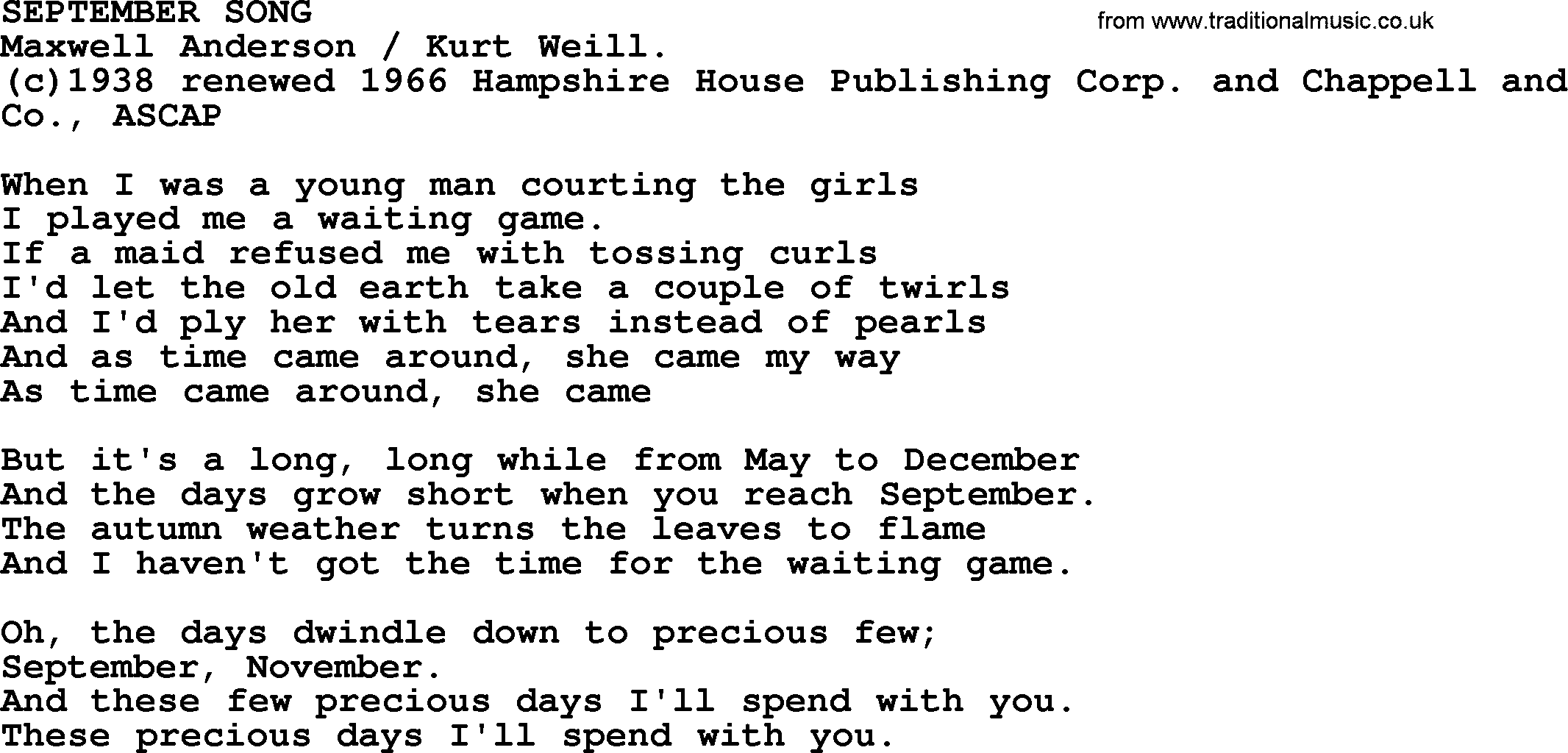 Peter, Paul and Mary song September Song lyrics