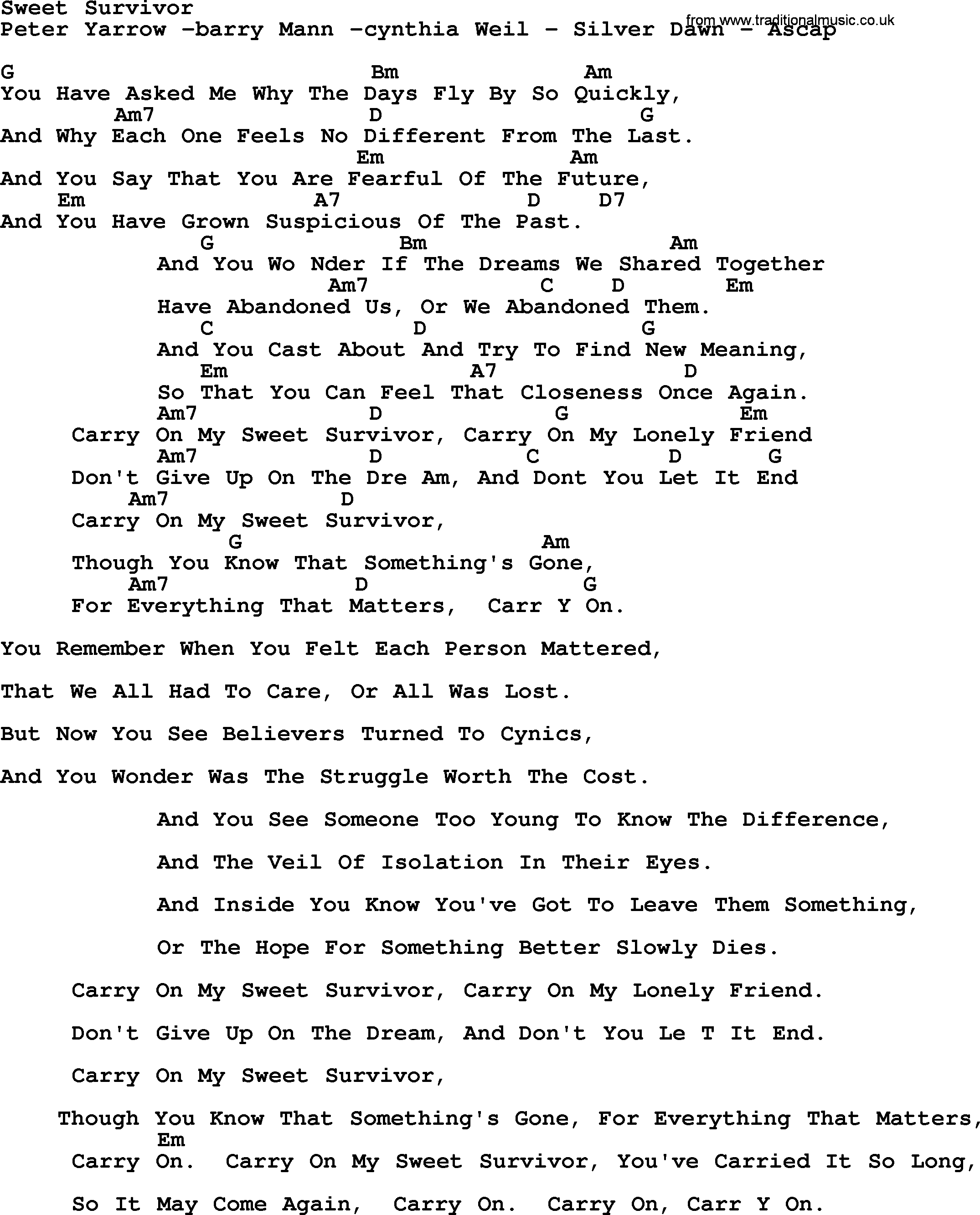 Peter, Paul and Mary song Sweet Survivor, lyrics and chords