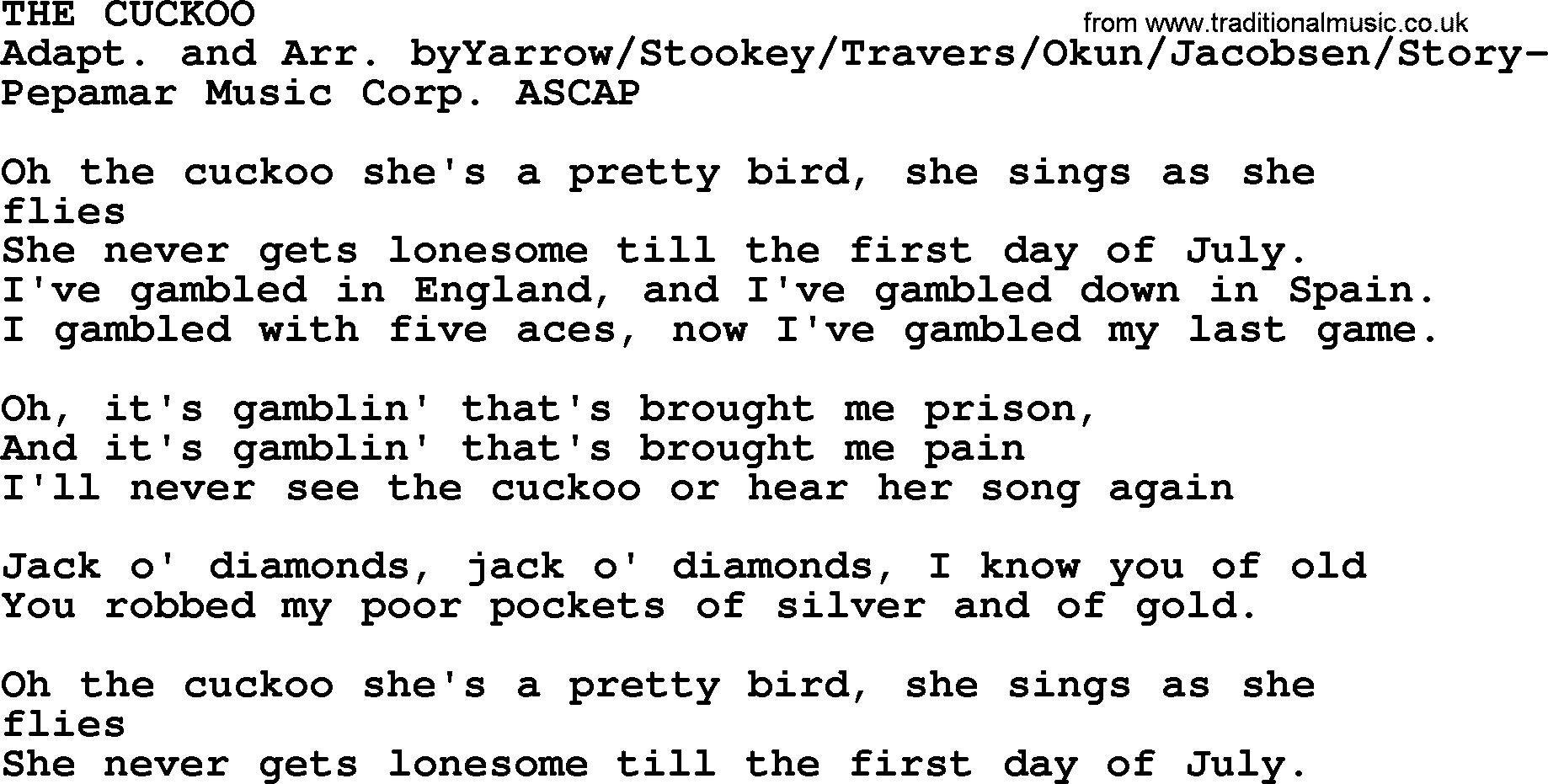 Peter, Paul and Mary song The Cuckoo lyrics