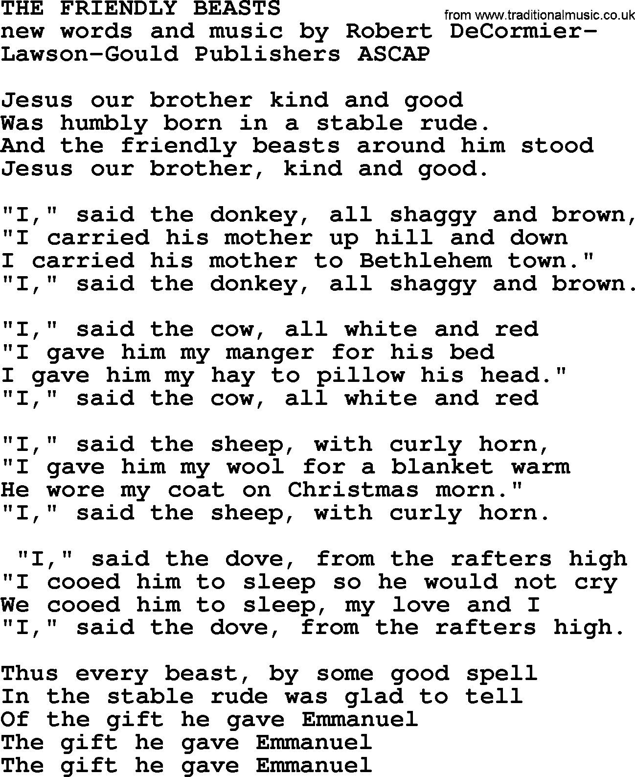 Peter, Paul and Mary song The Friendly Beasts lyrics