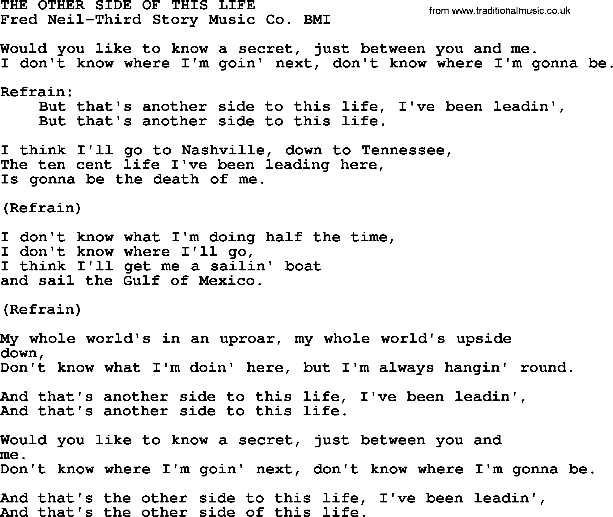 Peter, Paul and Mary song The Other Side Of This Life lyrics