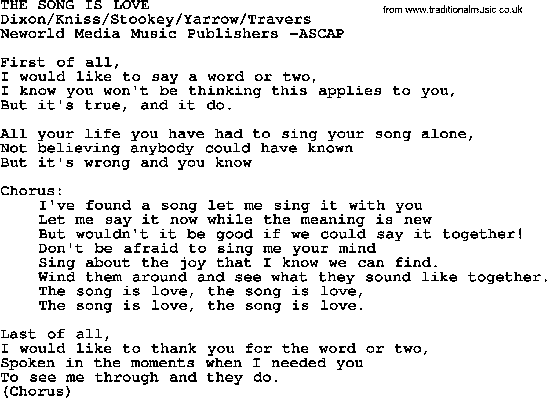 Peter, Paul and Mary song The Song Is Love lyrics