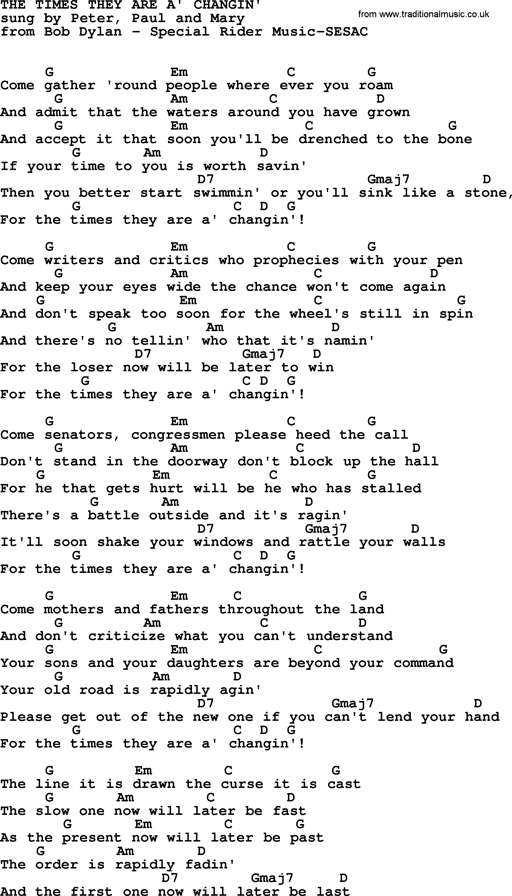 Peter, Paul and Mary song The Times They Are A Changing, lyrics and chords