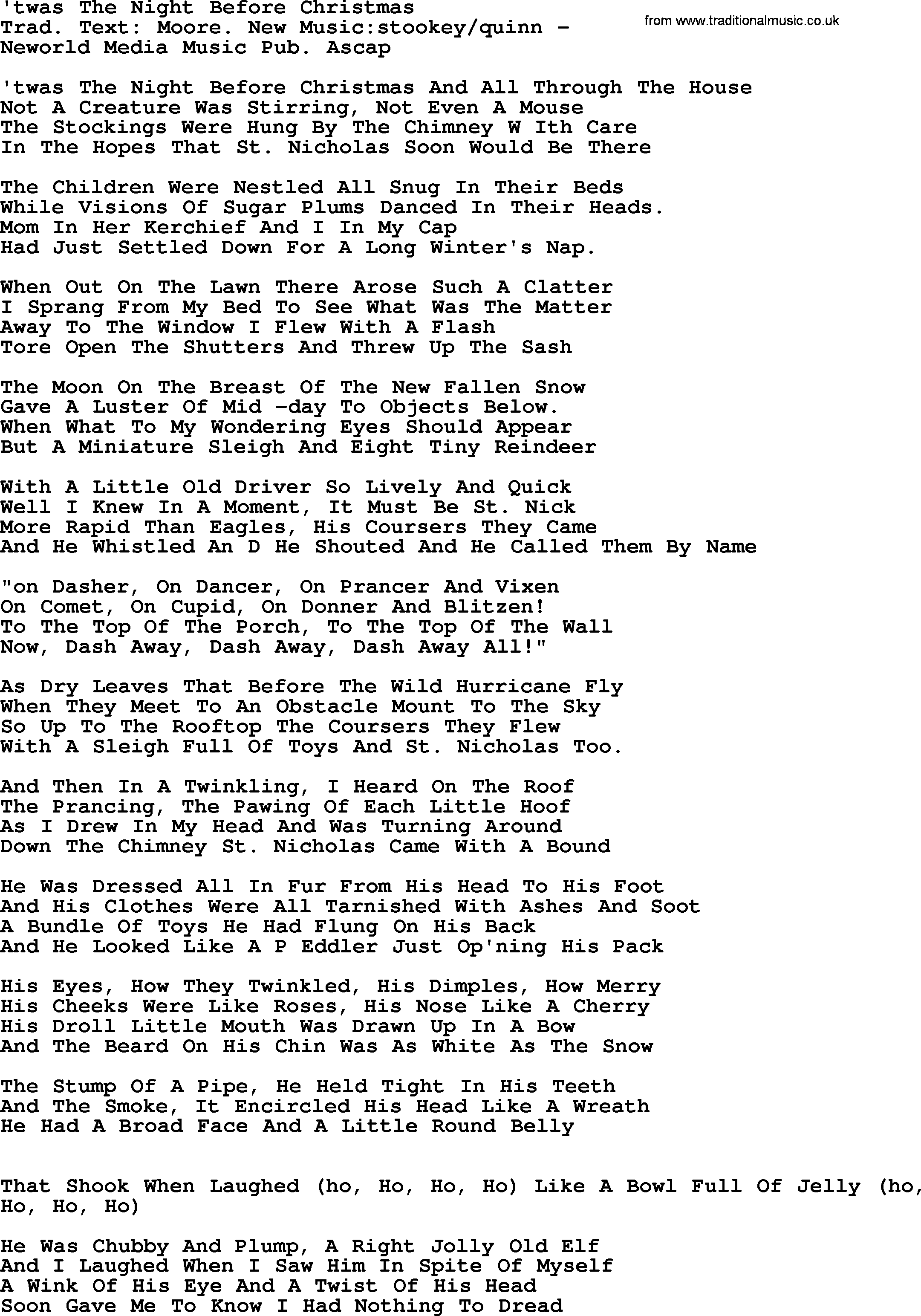 Peter, Paul and Mary song Twas The Night Before Christmas, lyrics and chords