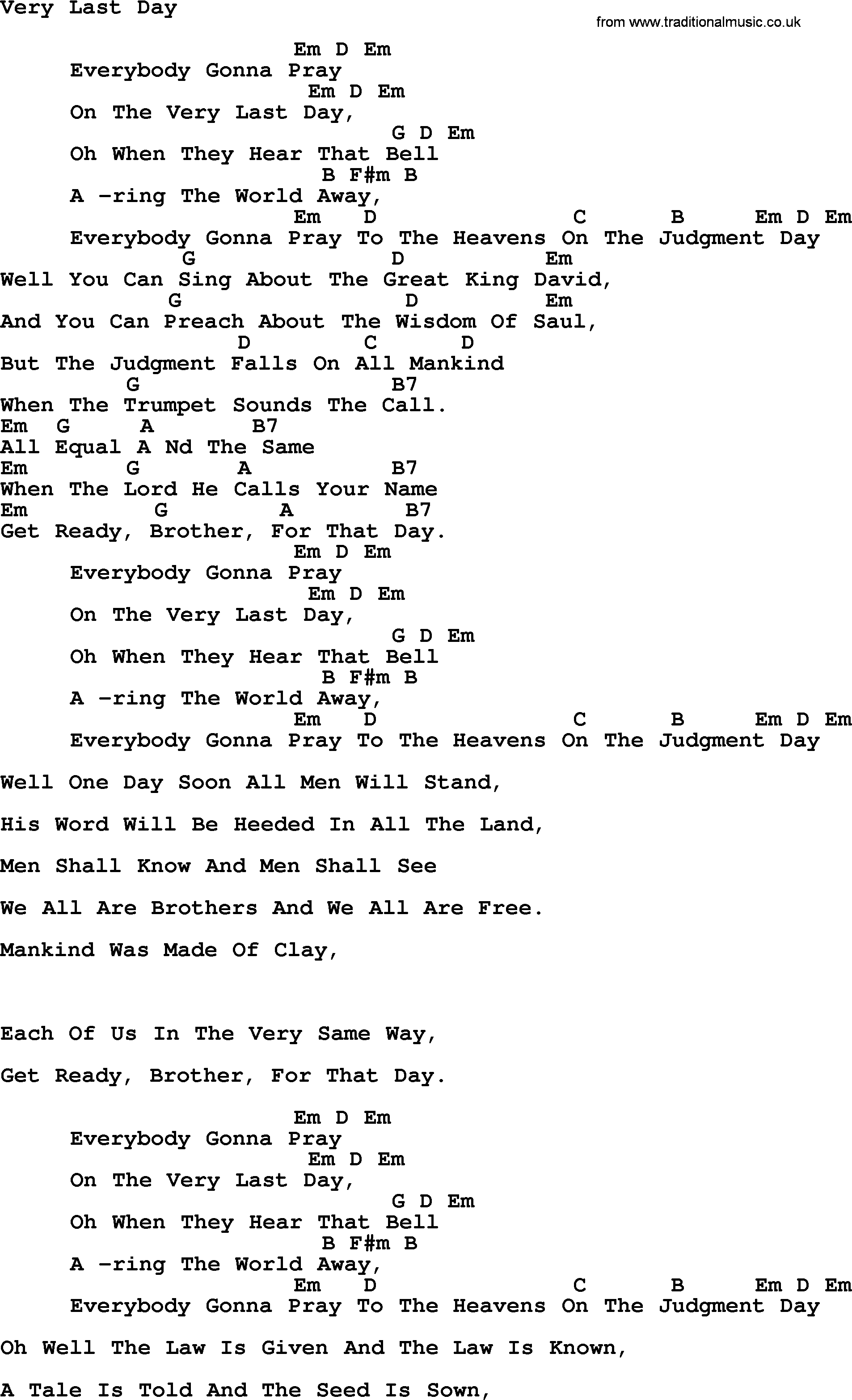 Peter, Paul and Mary song Very Last Day, lyrics and chords