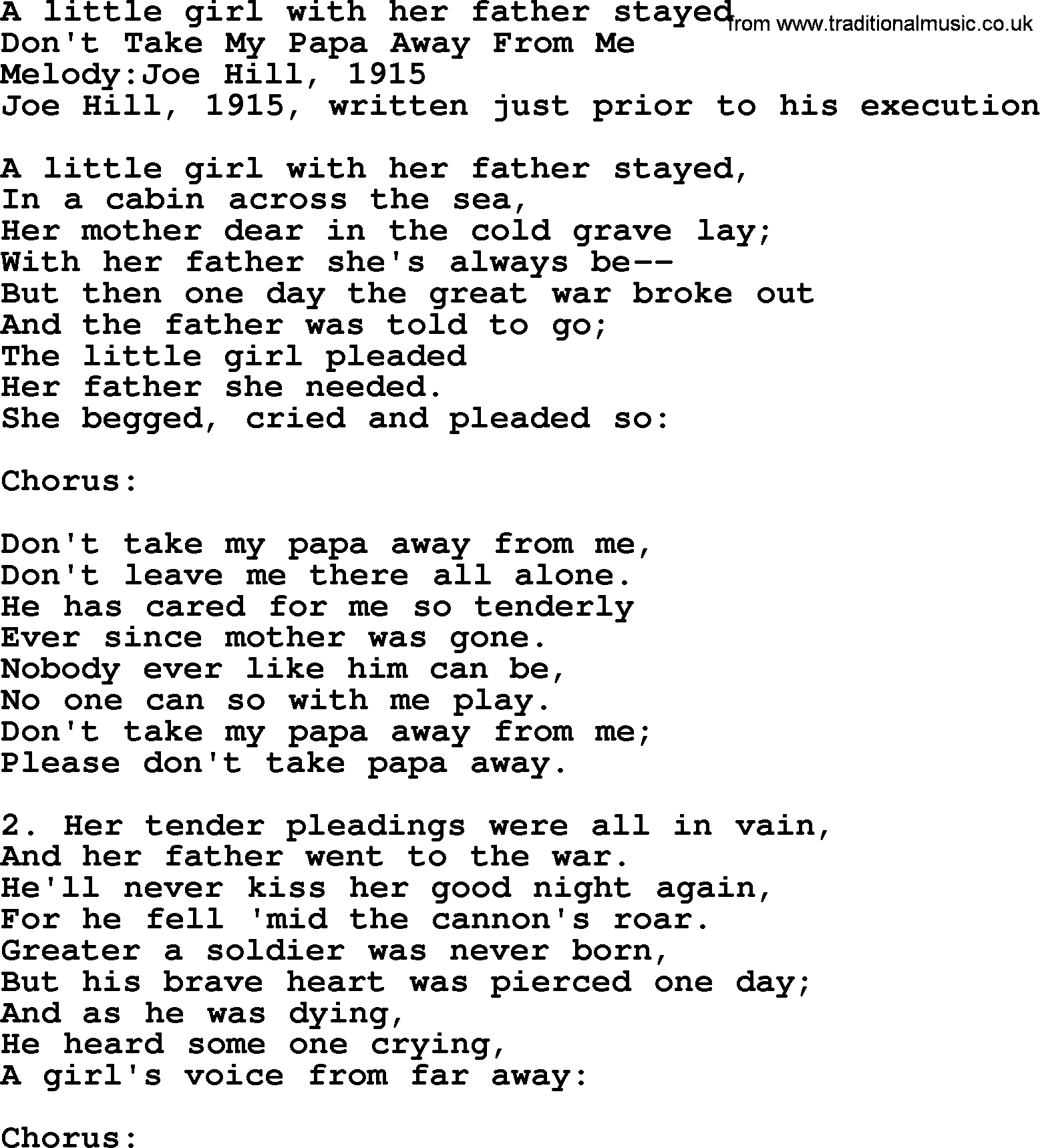 Political, Solidarity, Workers or Union song: A Little Girl With Her Father Stayed, lyrics