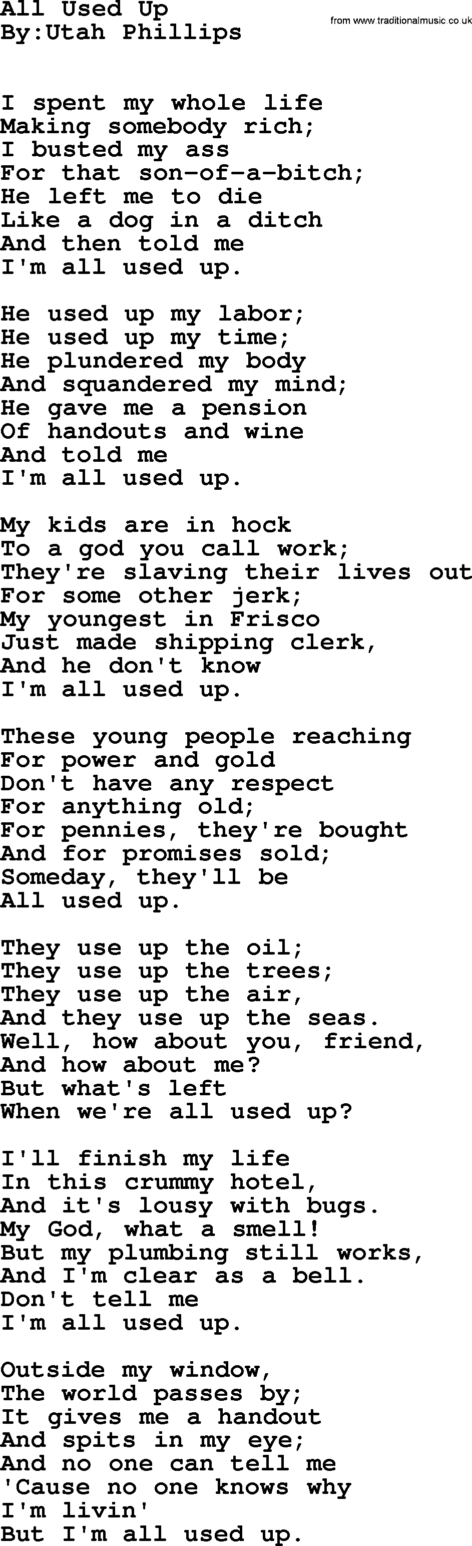 Political, Solidarity, Workers or Union song: All Used Up, lyrics