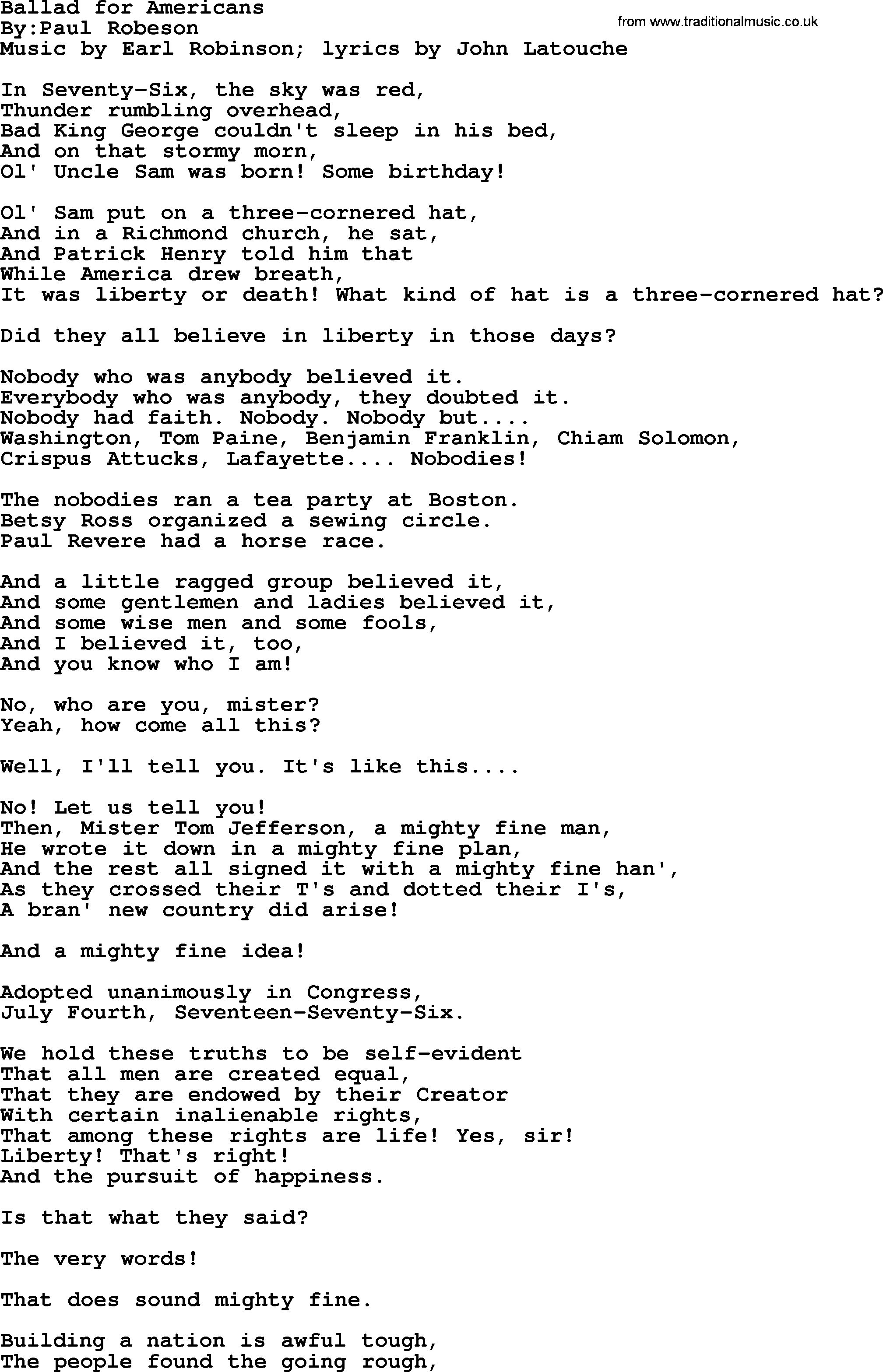 Political, Solidarity, Workers or Union song: Ballad For Americans, lyrics