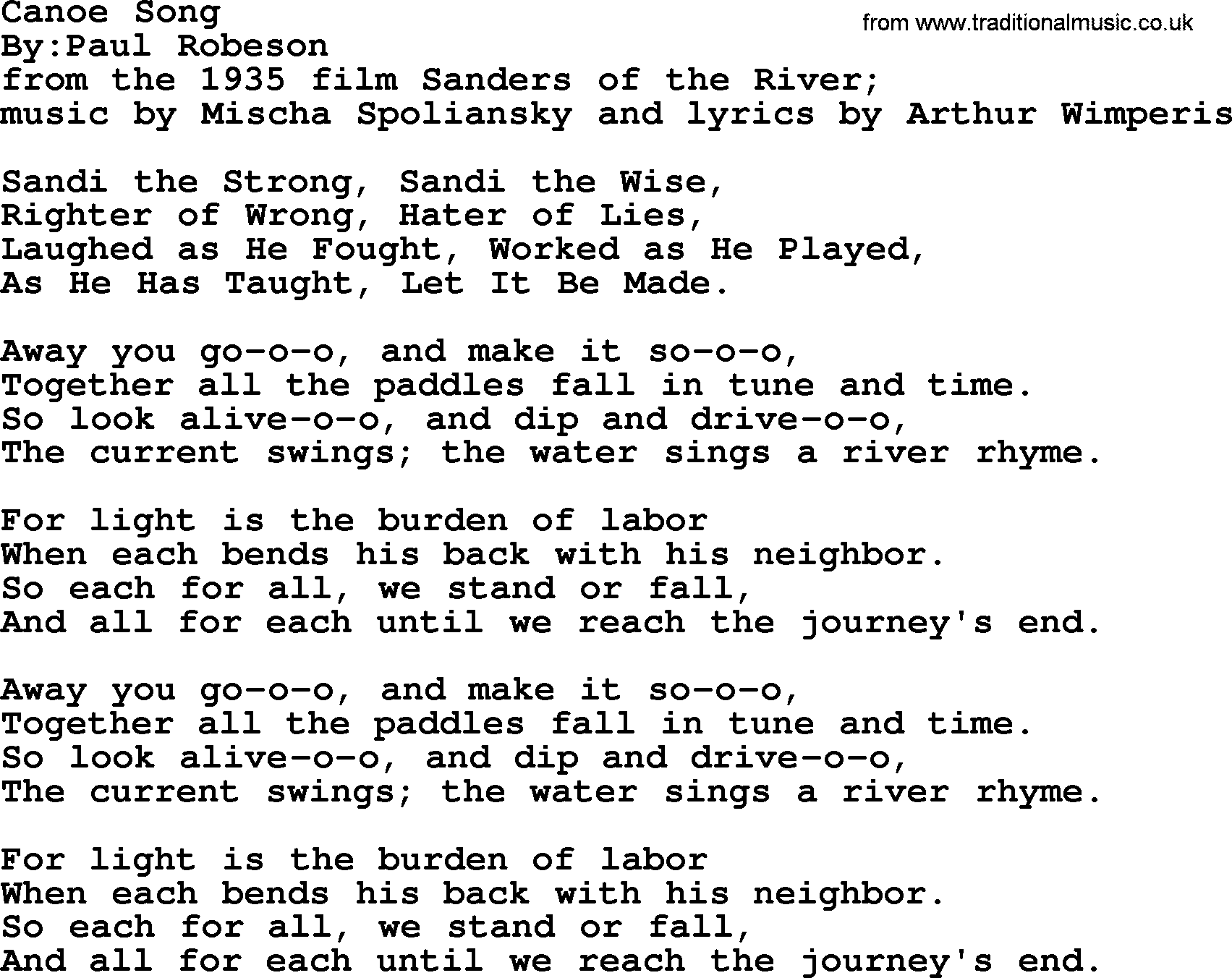 Political, Solidarity, Workers or Union song: Canoe Song, lyrics