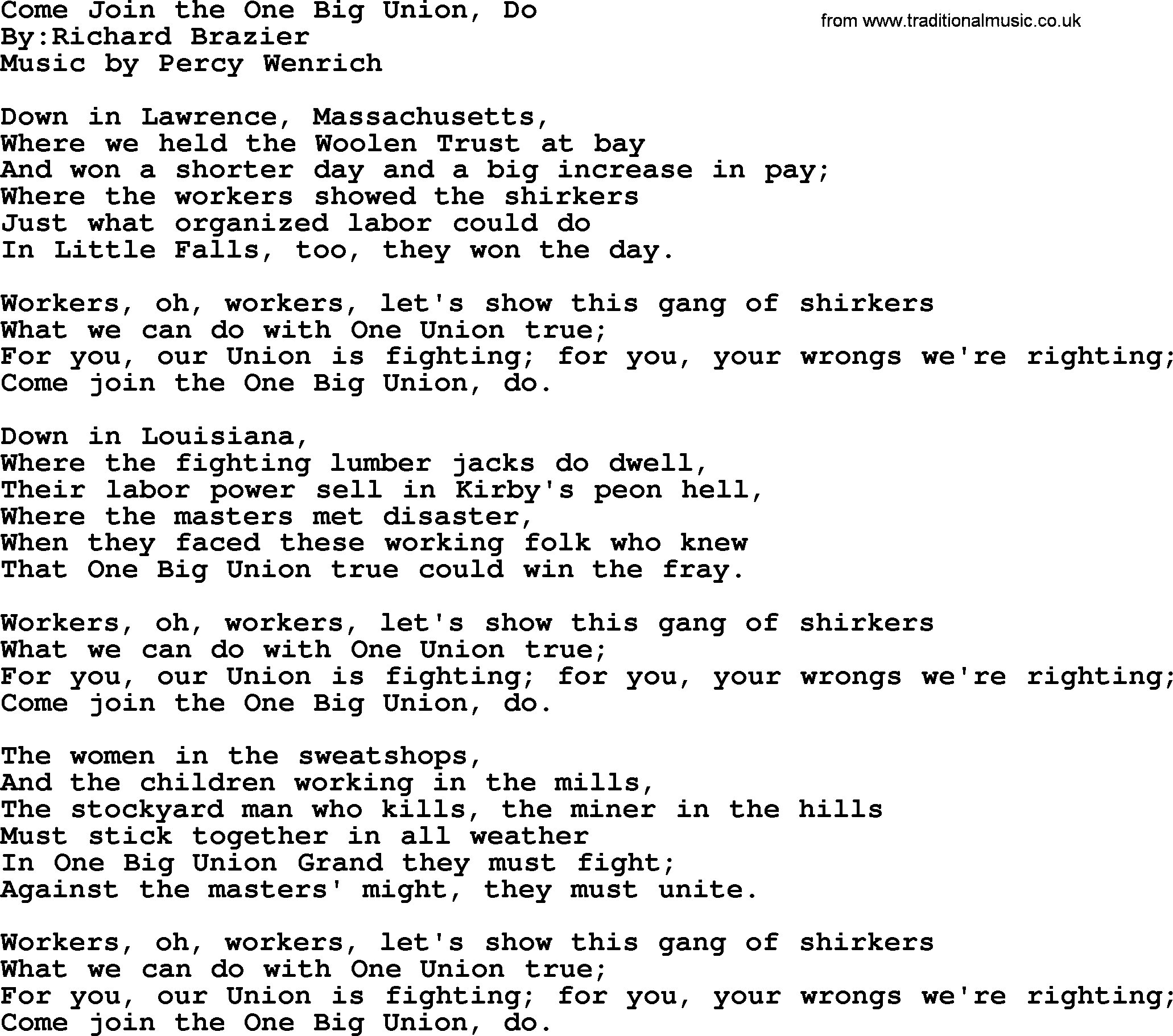 Political, Solidarity, Workers or Union song: Come Join The One Big Union Do, lyrics