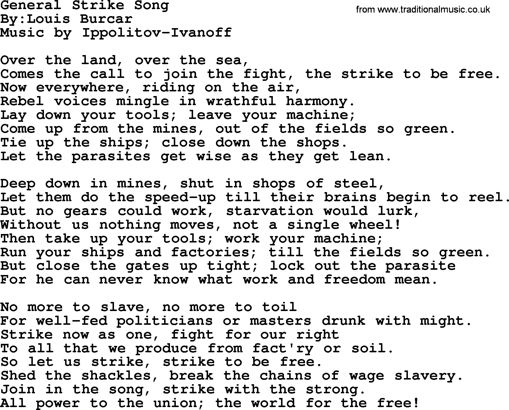 Political, Solidarity, Workers or Union song: General Strike Song, lyrics