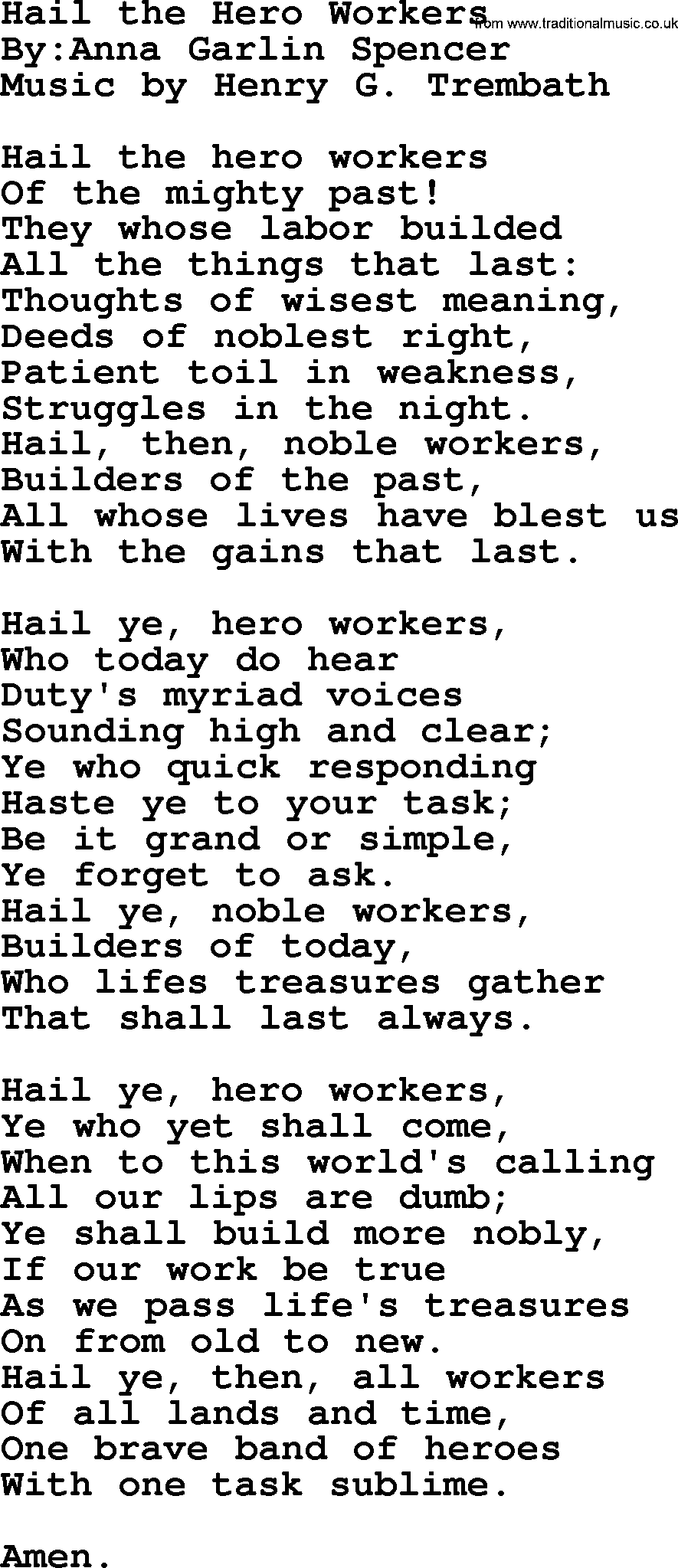 Political, Solidarity, Workers or Union song: Hail The Hero Workers, lyrics