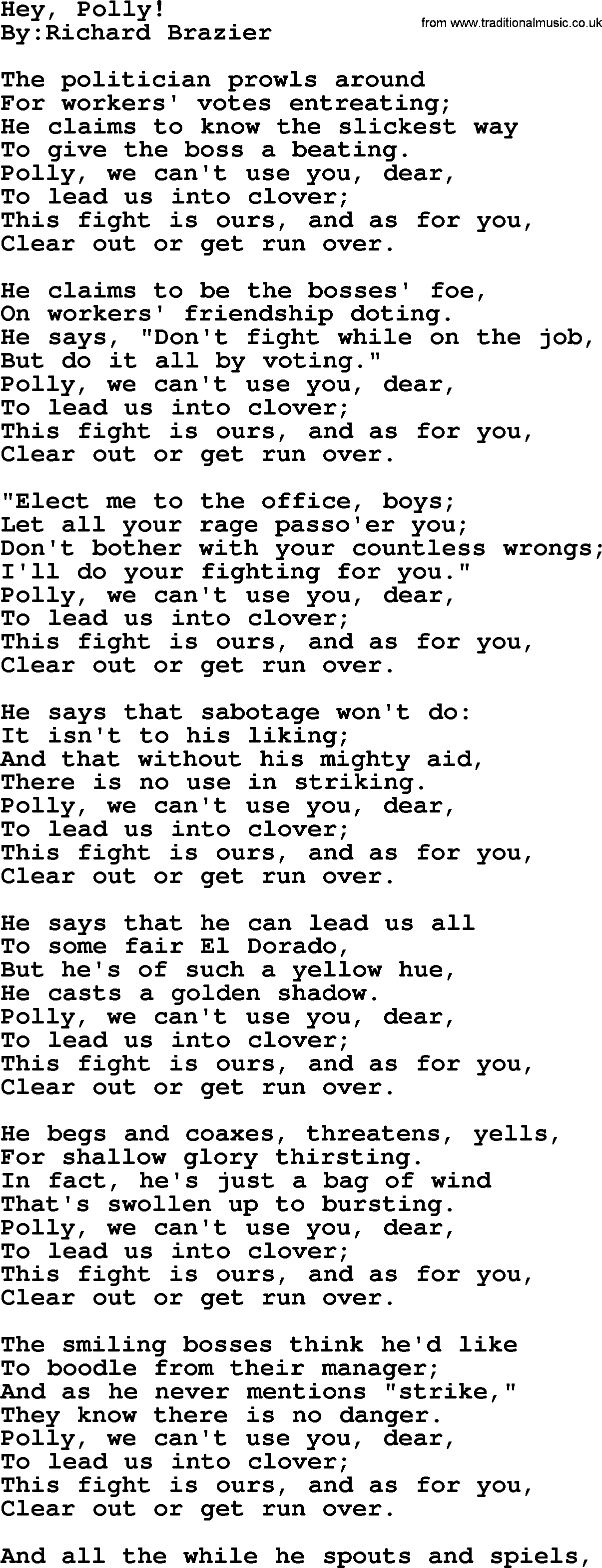 Political, Solidarity, Workers or Union song: Hey Polly, lyrics