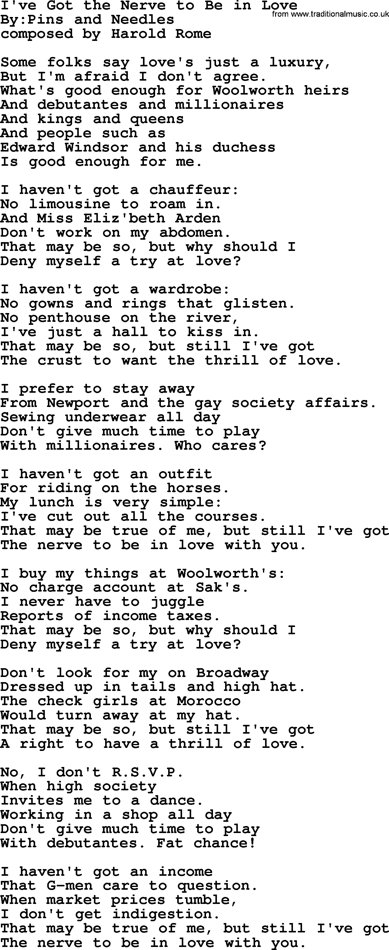 Political, Solidarity, Workers or Union song: Ive Got The Nerve To Be In Love, lyrics