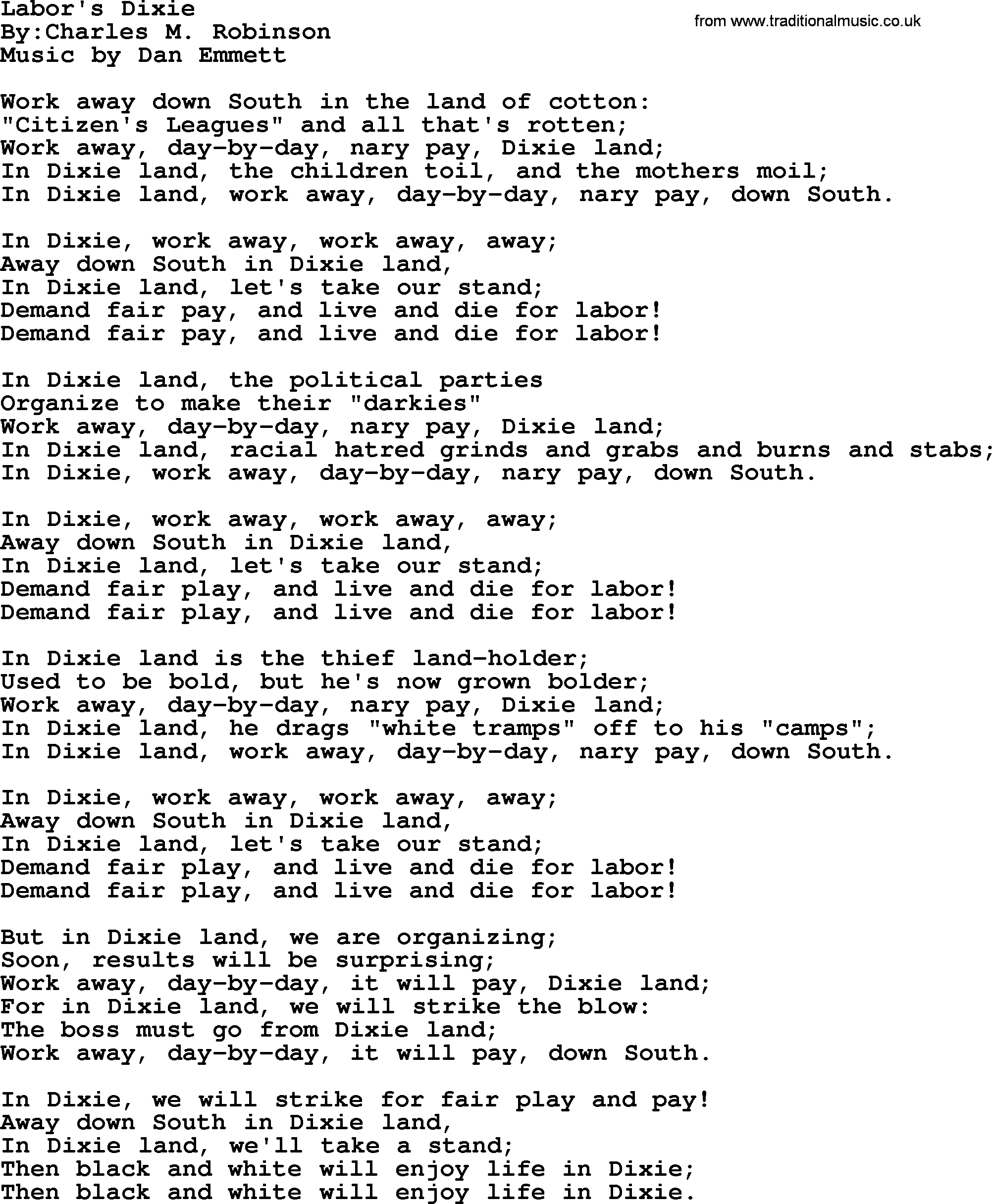 Political, Solidarity, Workers or Union song: Labors Dixie, lyrics
