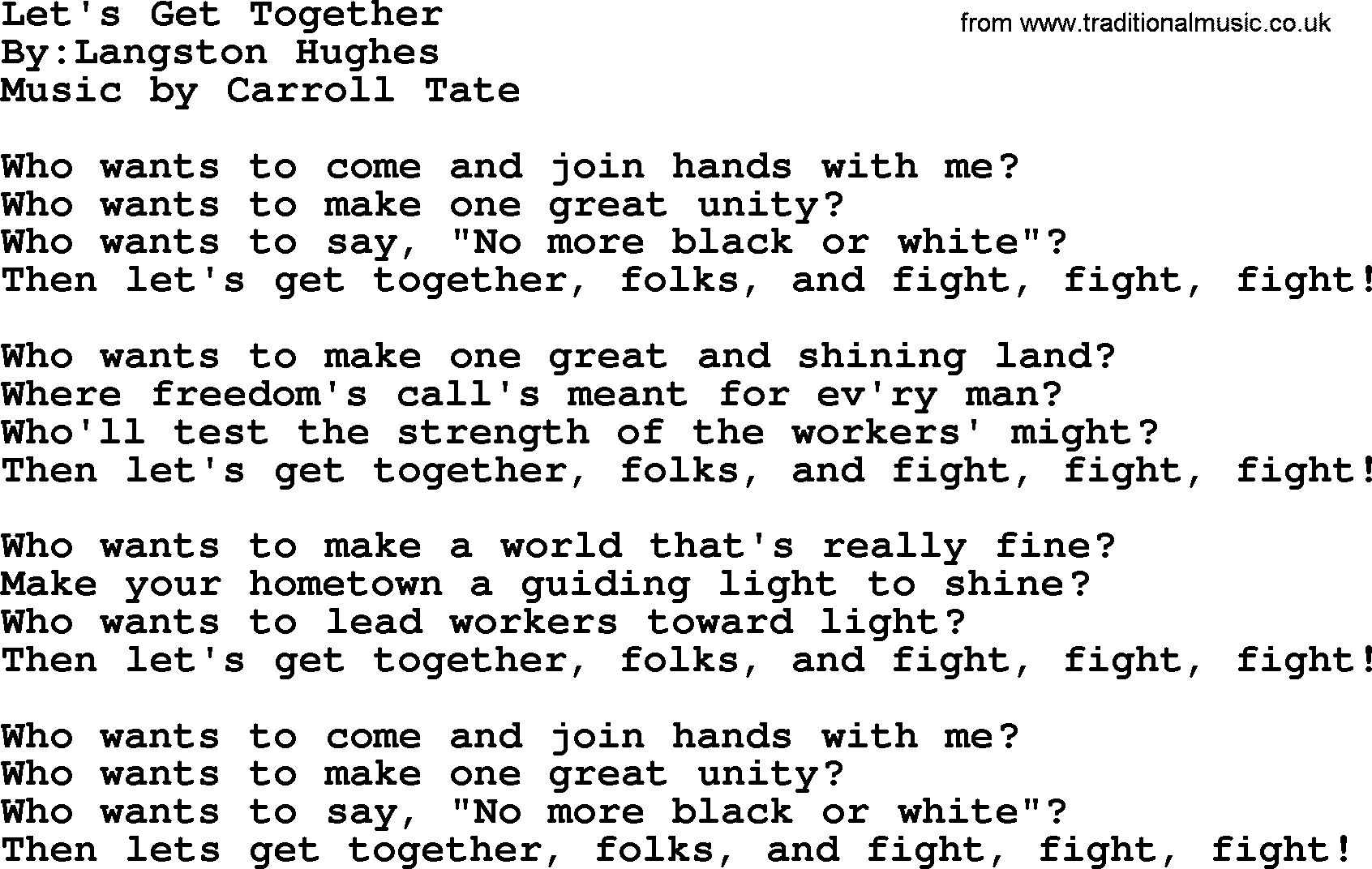 Political, Solidarity, Workers or Union song: Lets Get Together, lyrics