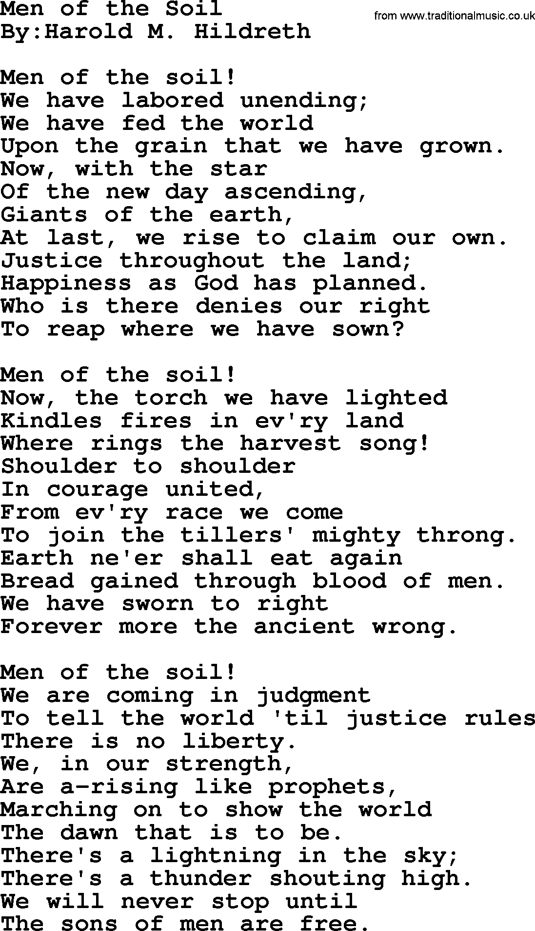Political, Solidarity, Workers or Union song: Men Of The Soil, lyrics