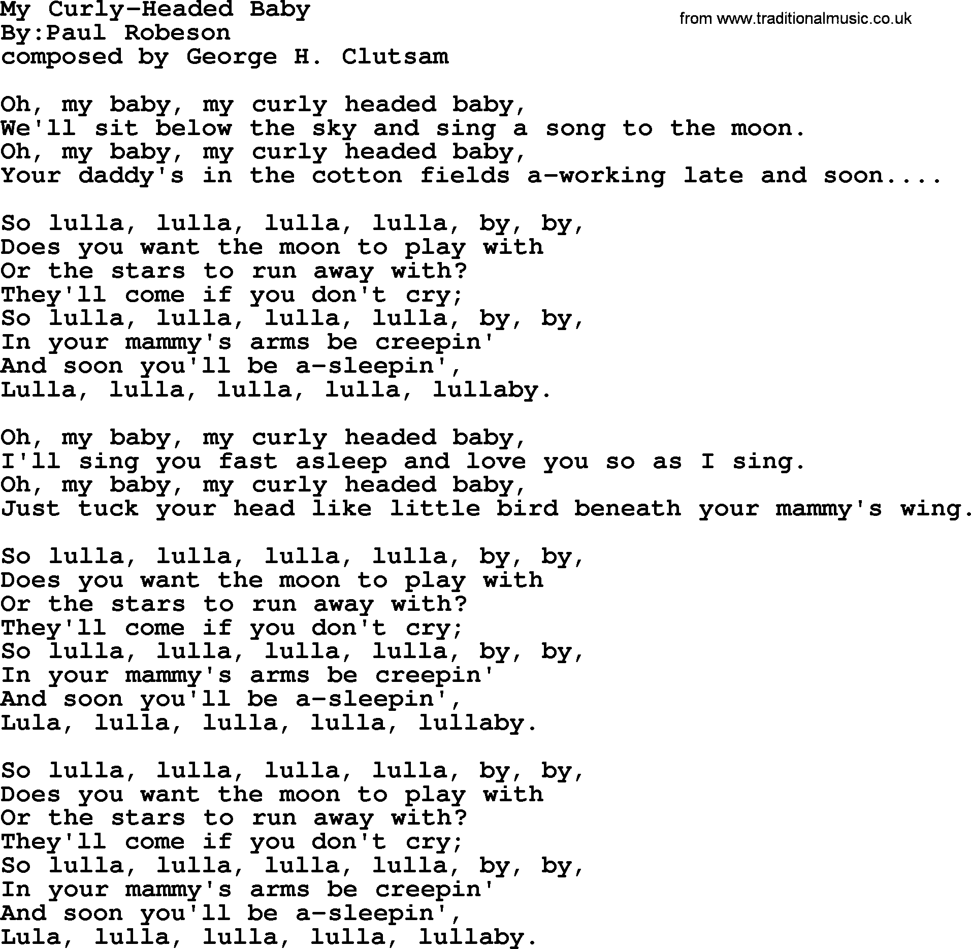Political, Solidarity, Workers or Union song: My Curly-headed Baby, lyrics