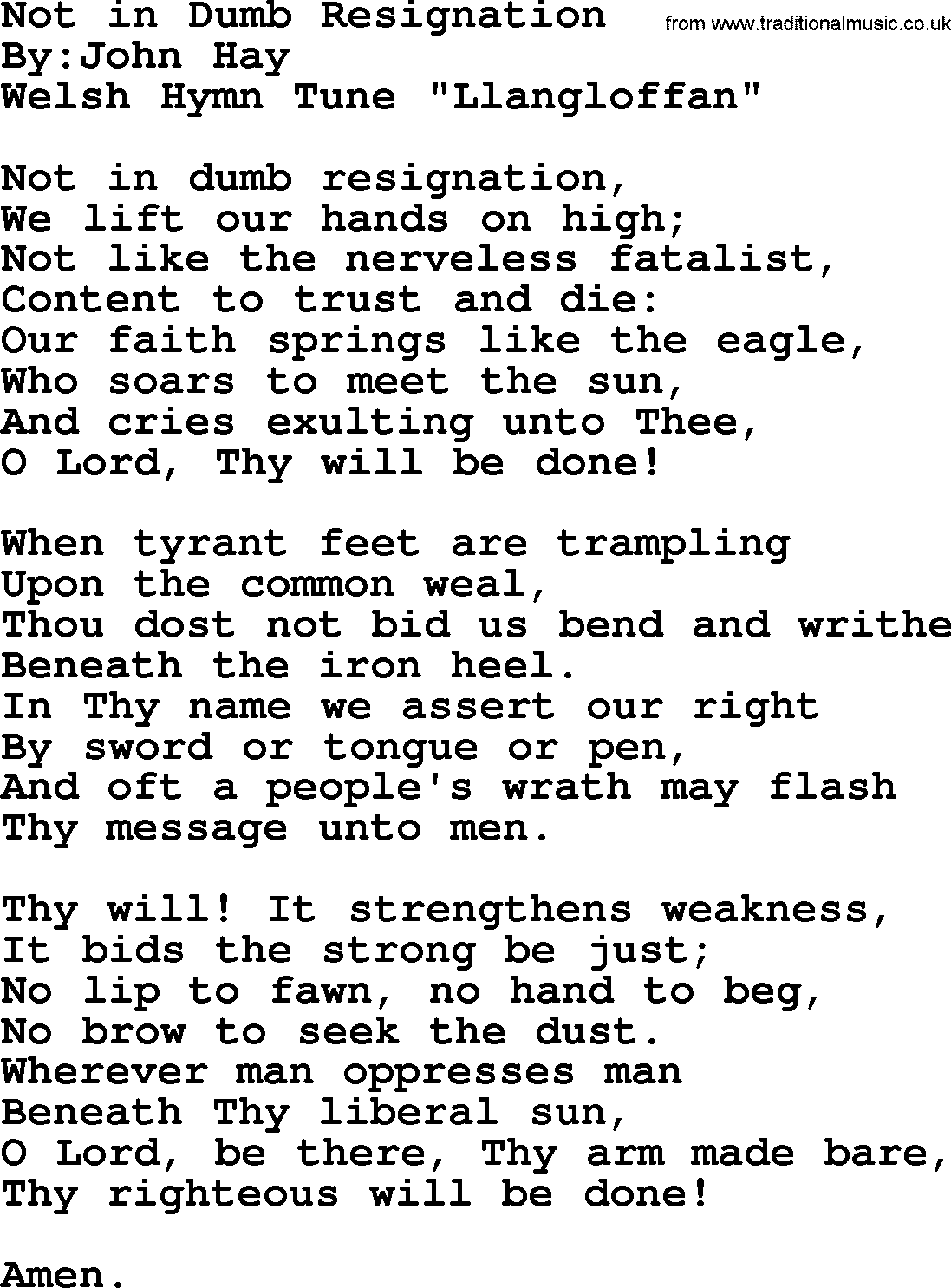 Political, Solidarity, Workers or Union song: Not In Dumb Resignation, lyrics