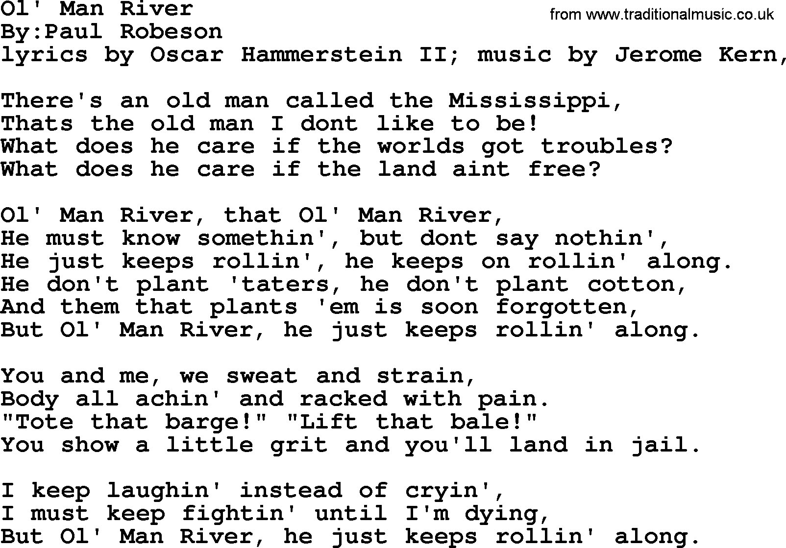 Political, Solidarity, Workers or Union song: Ol Man River, lyrics