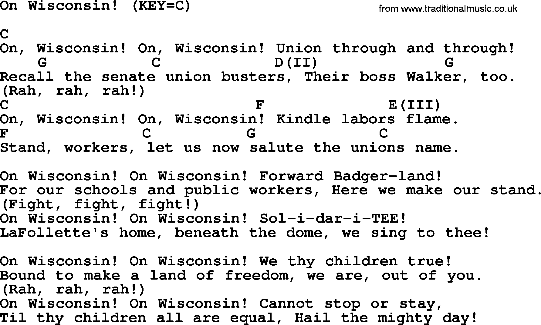 Political, Solidarity, Workers or Union song: On Wisconsin, lyrics and chords