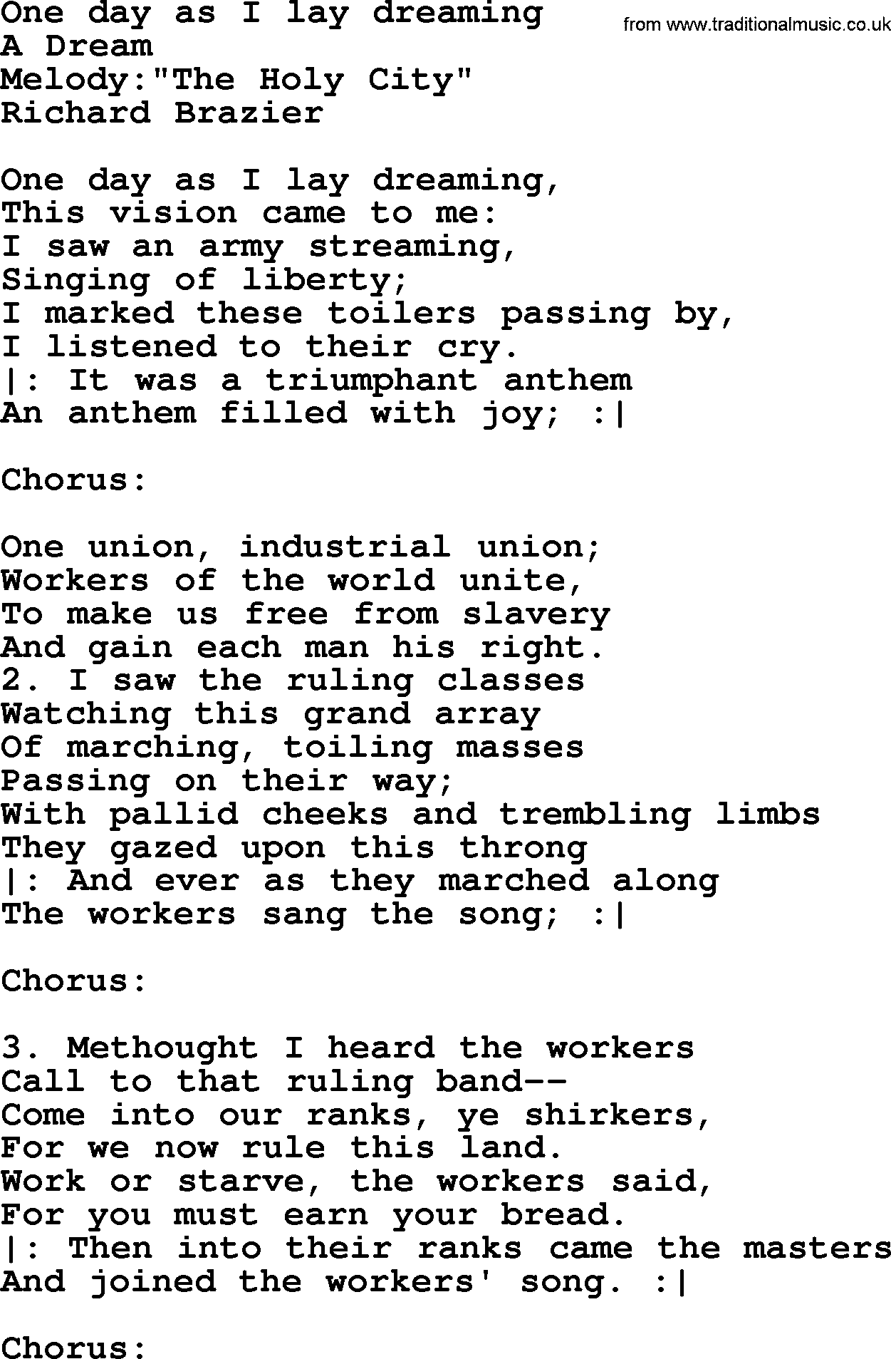 Political, Solidarity, Workers or Union song: One Day As I Lay Dreaming, lyrics
