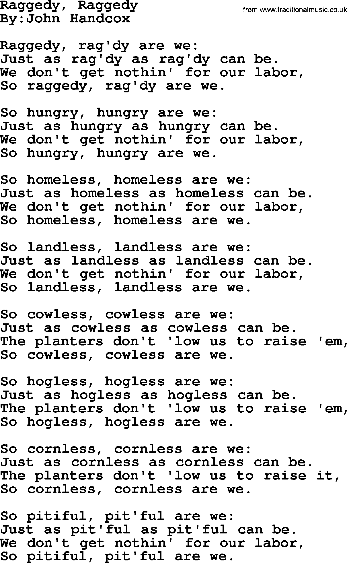 Political, Solidarity, Workers or Union song: Raggedy Raggedy, lyrics