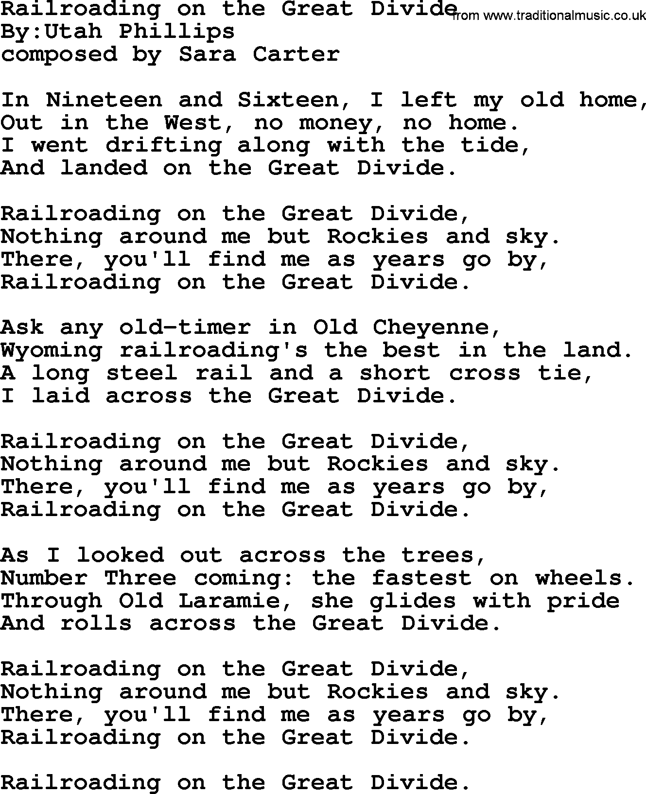 Political, Solidarity, Workers or Union song: Railroading On The Great Divide, lyrics
