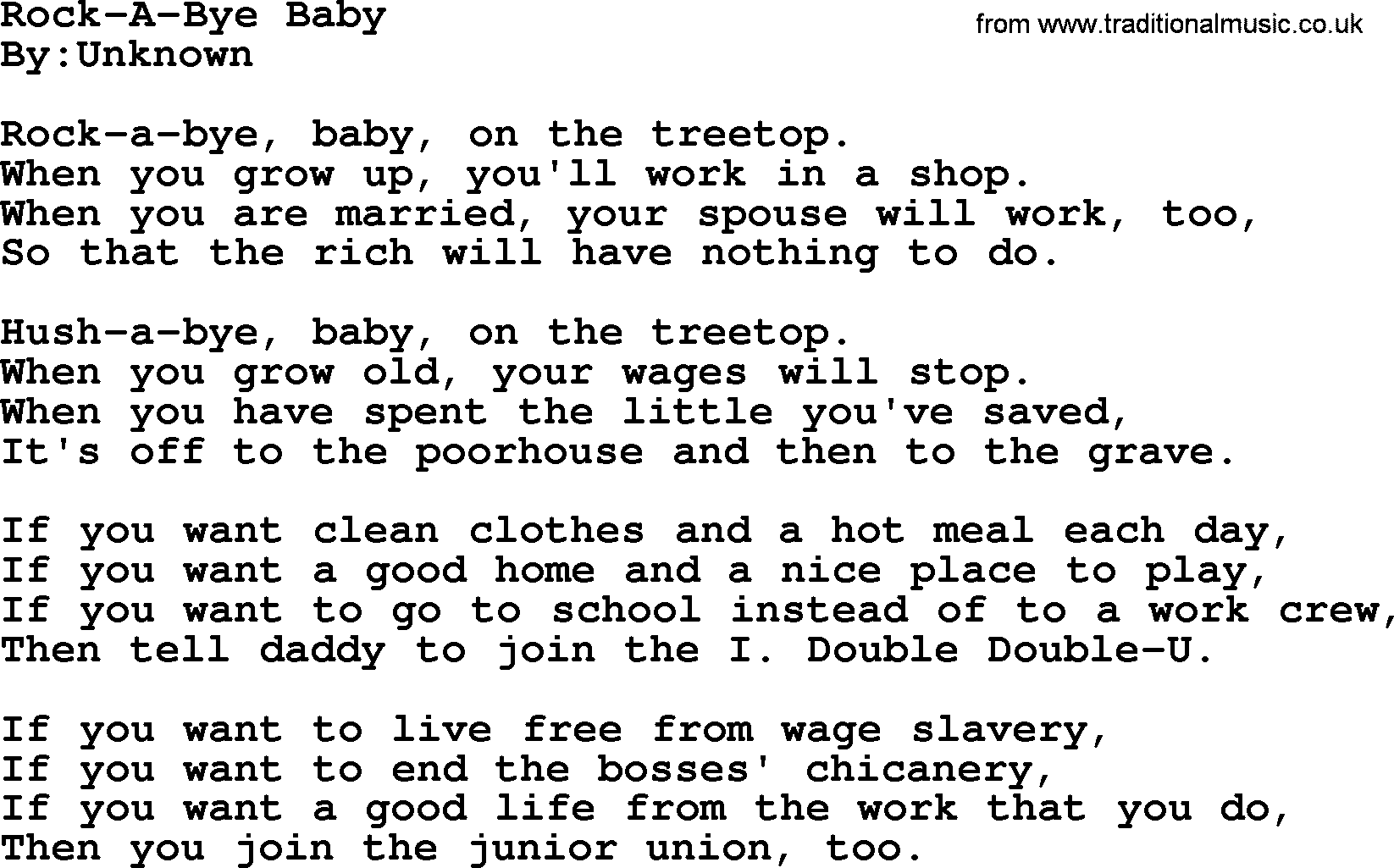 Political, Solidarity, Workers or Union song: Rock-a-bye Baby, lyrics