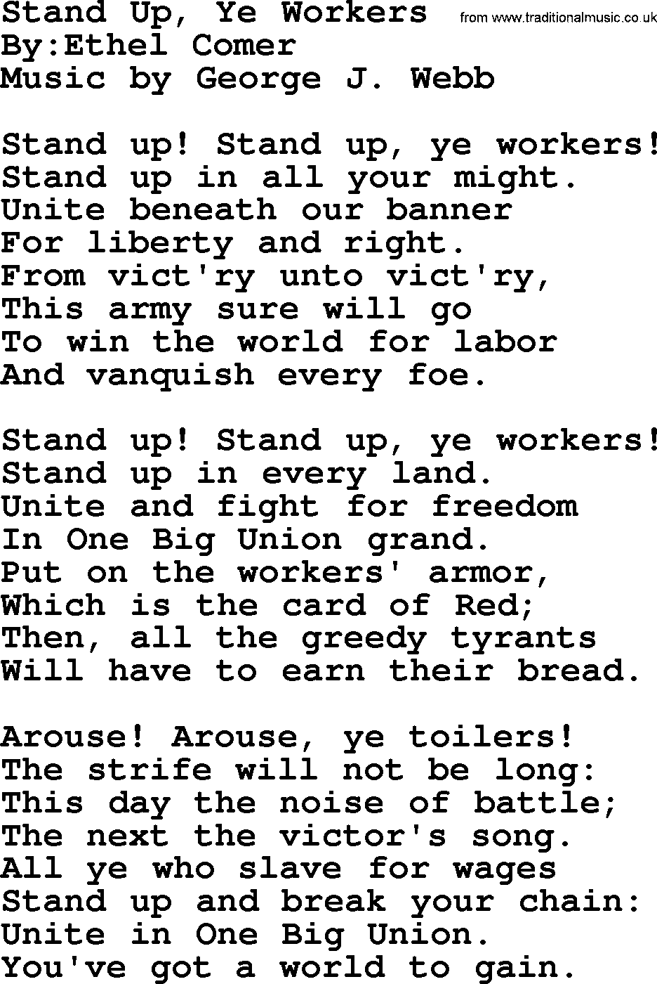 Political, Solidarity, Workers or Union song: Stand Up Ye Workers, lyrics
