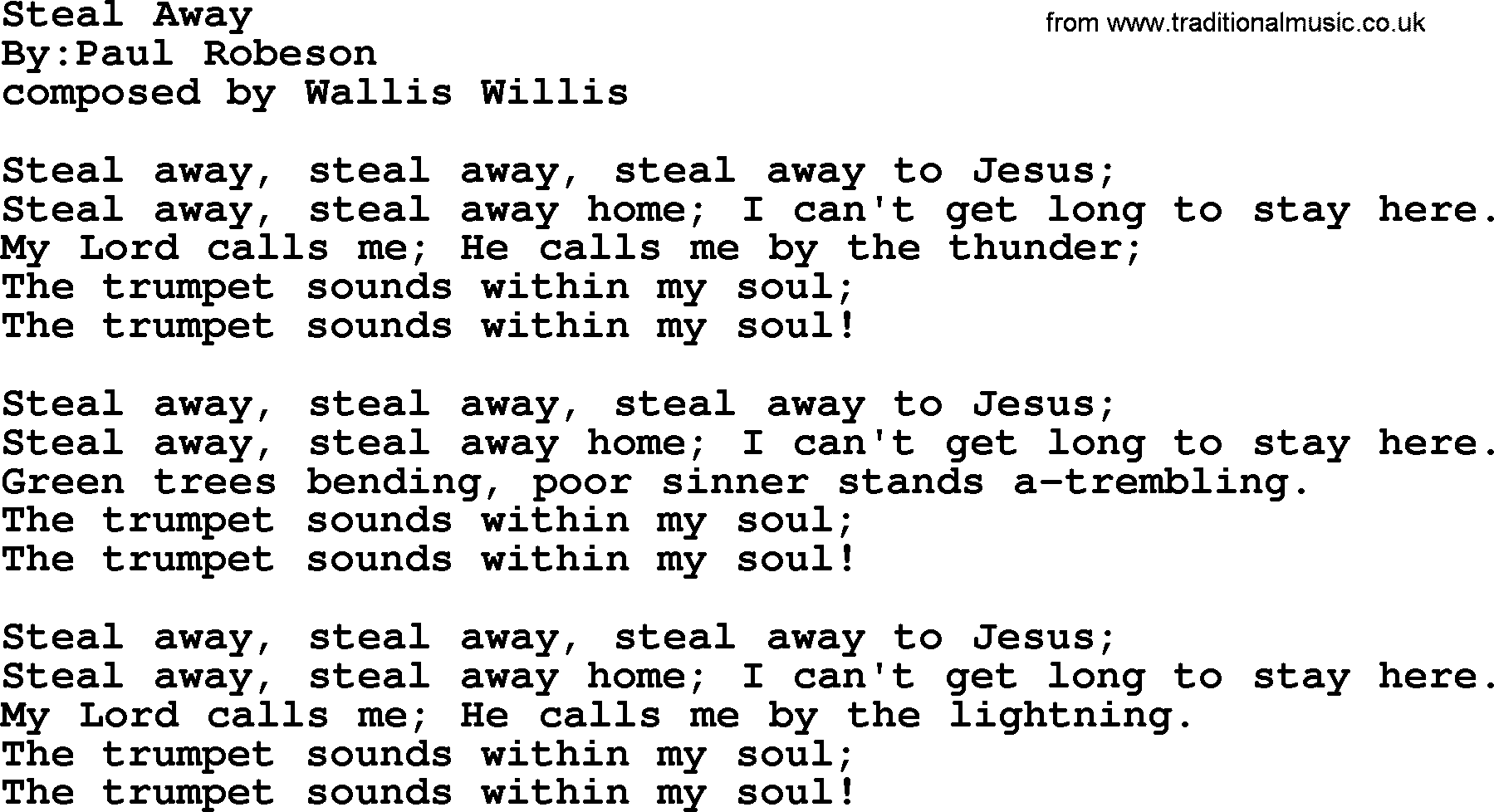Political, Solidarity, Workers or Union song: Steal Away, lyrics