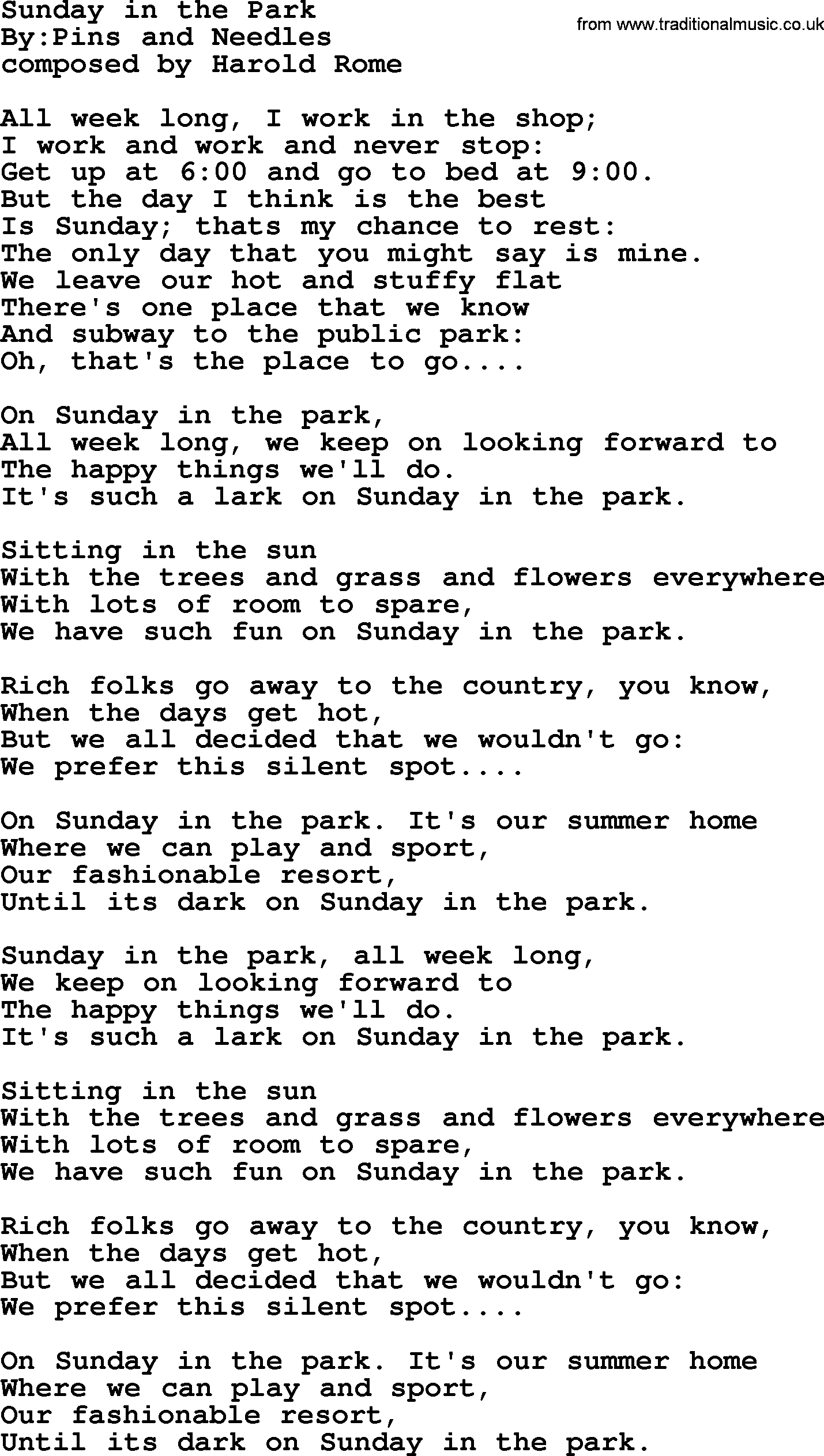 Political, Solidarity, Workers or Union song: Sunday In The Park, lyrics
