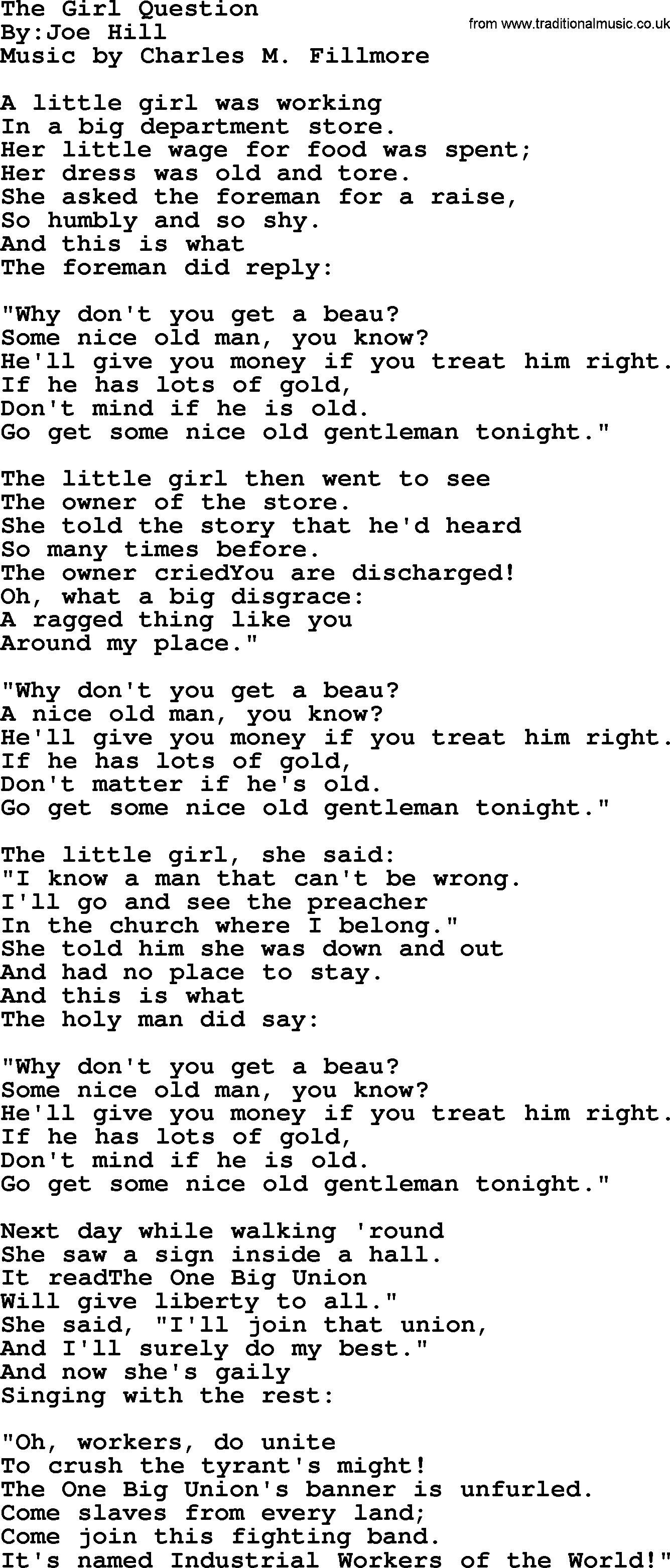 Political, Solidarity, Workers or Union song: The Girl Question, lyrics