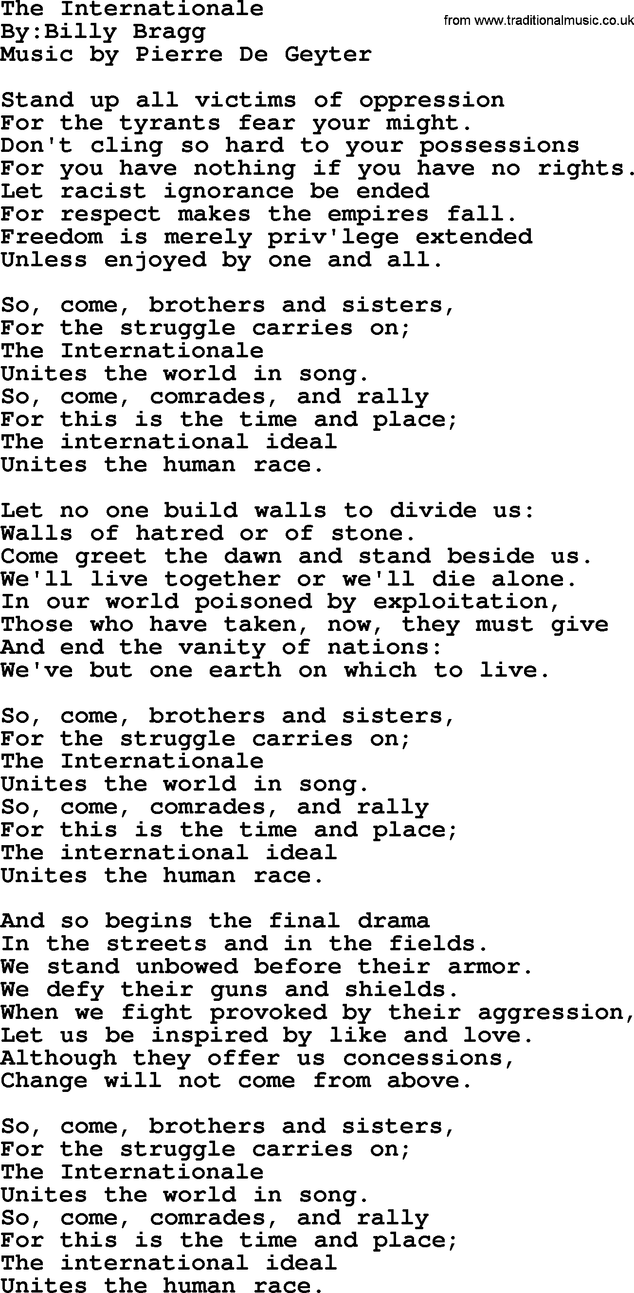 Political, Solidarity, Workers or Union song: The Internationale, lyrics