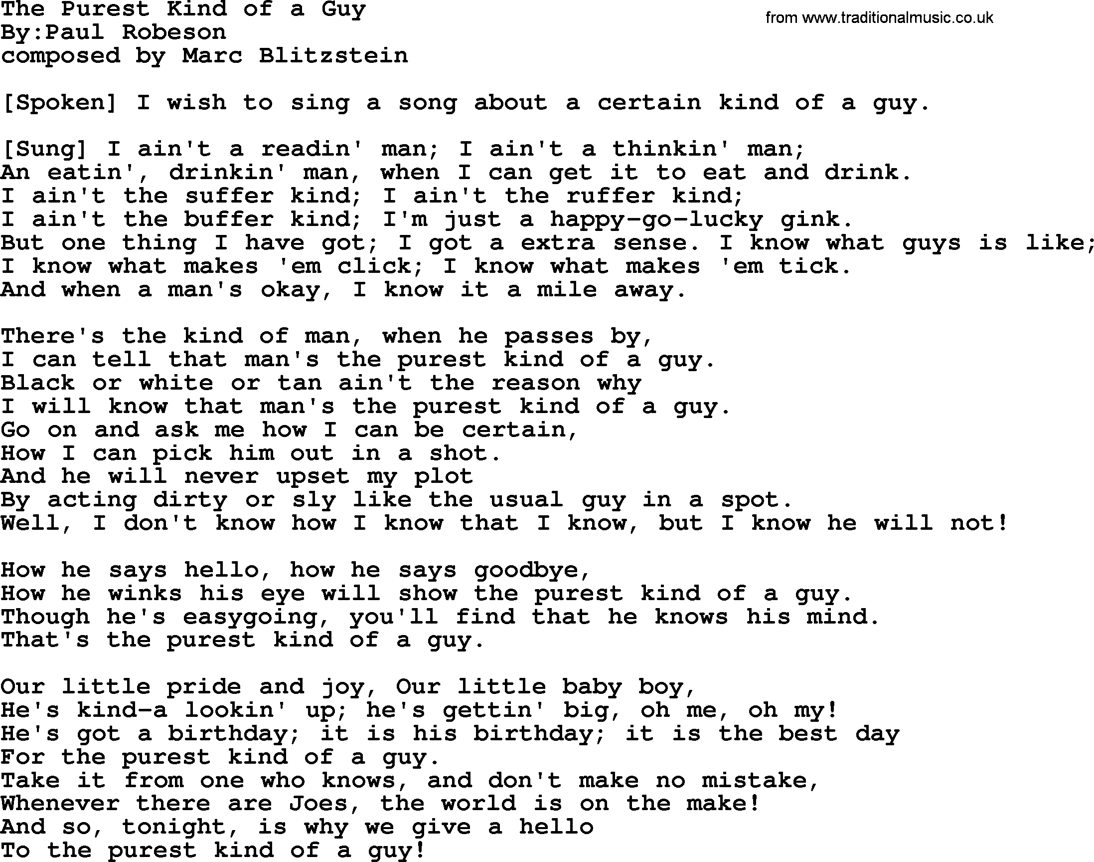 Political, Solidarity, Workers or Union song: The Purest Kind Of A Guy, lyrics