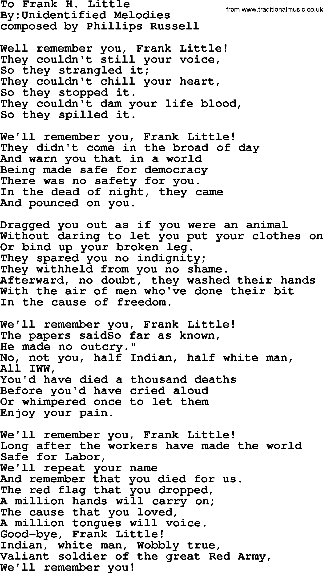 Political, Solidarity, Workers or Union song: To Frank H Little, lyrics