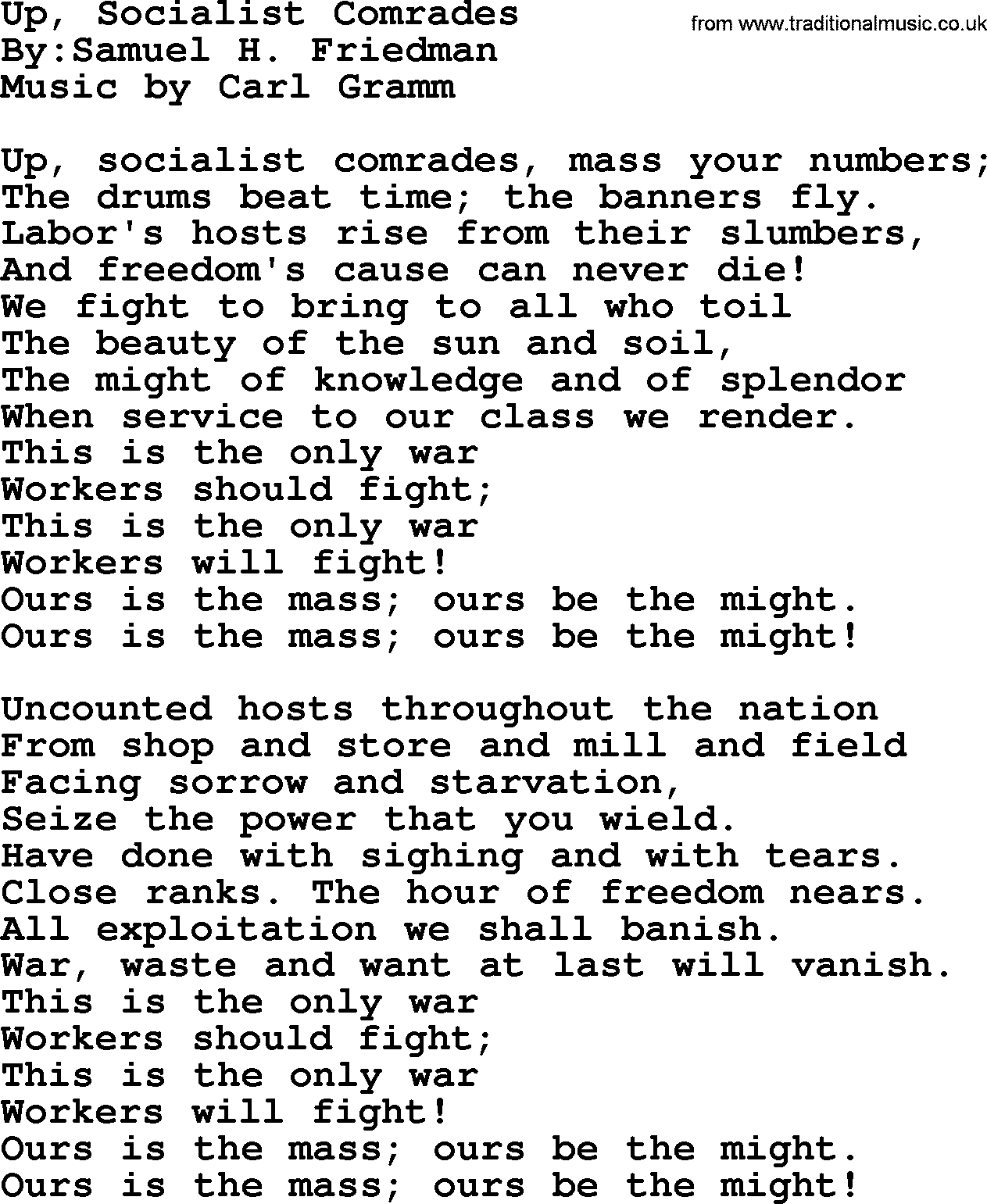 Political, Solidarity, Workers or Union song: Up Socialist Comrades, lyrics