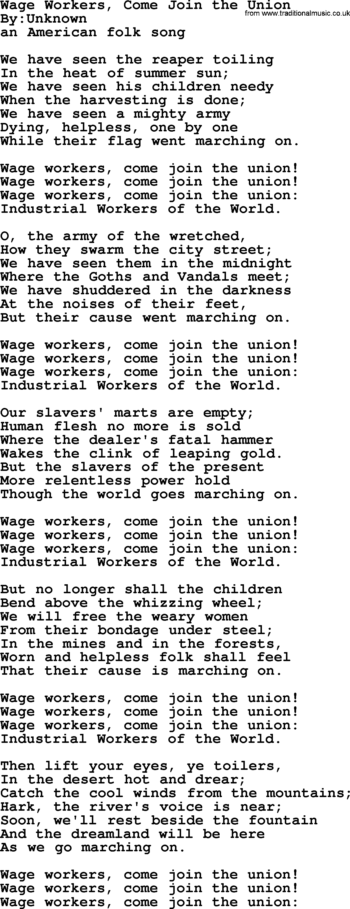 Political, Solidarity, Workers or Union song: Wage Workers Come Join The Union, lyrics
