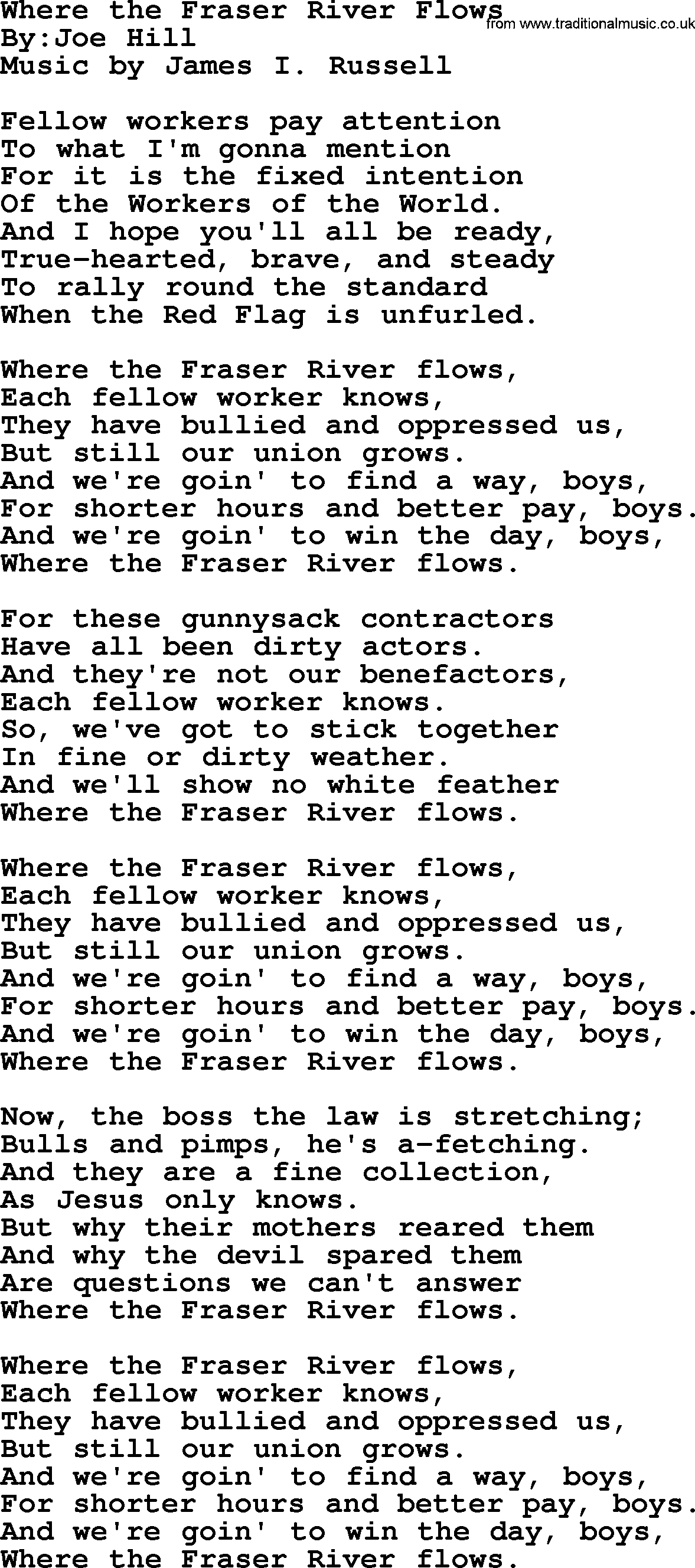 Political, Solidarity, Workers or Union song: Where The Fraser River Flows, lyrics