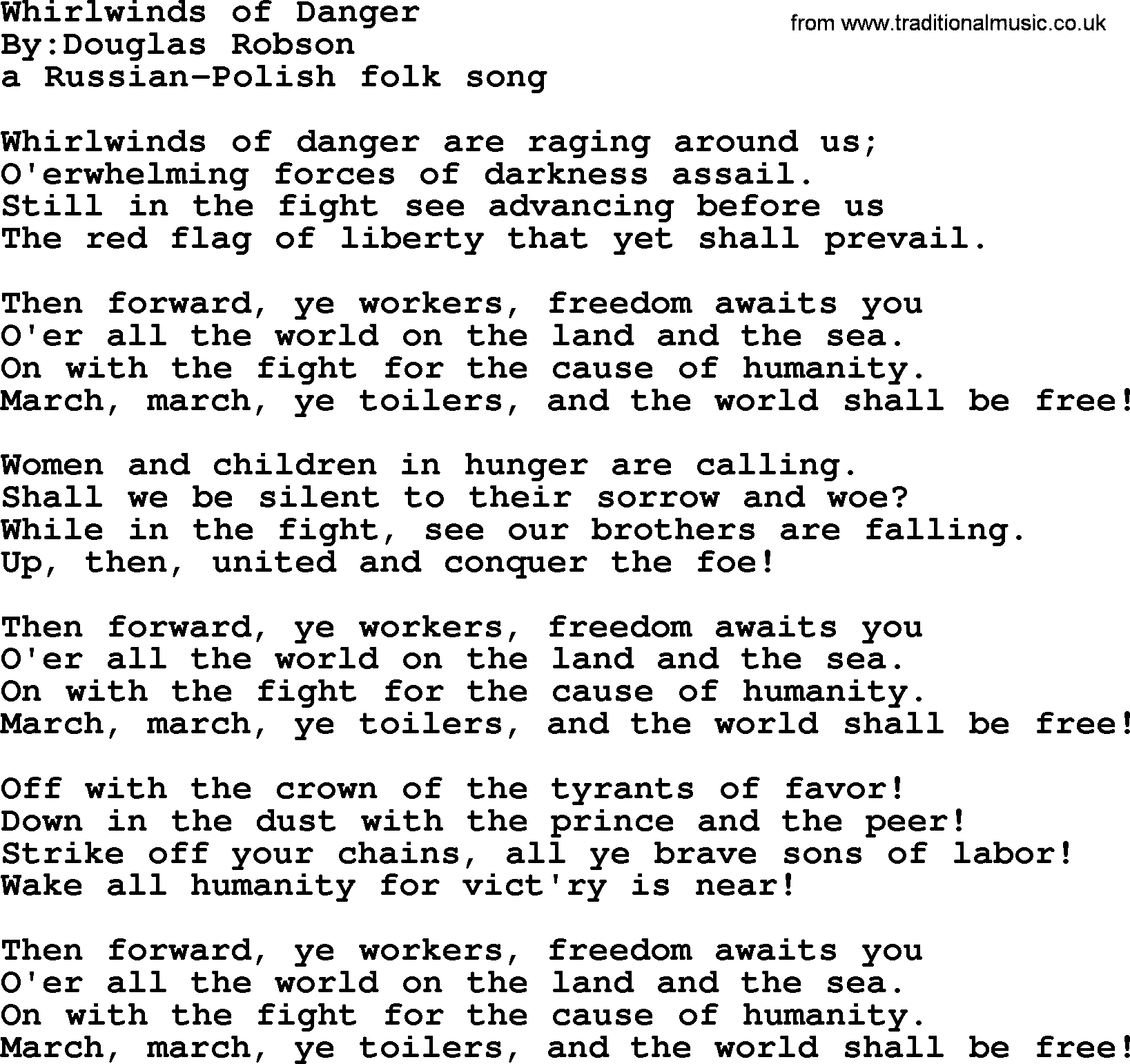 Political, Solidarity, Workers or Union song: Whirlwinds Of Danger, lyrics