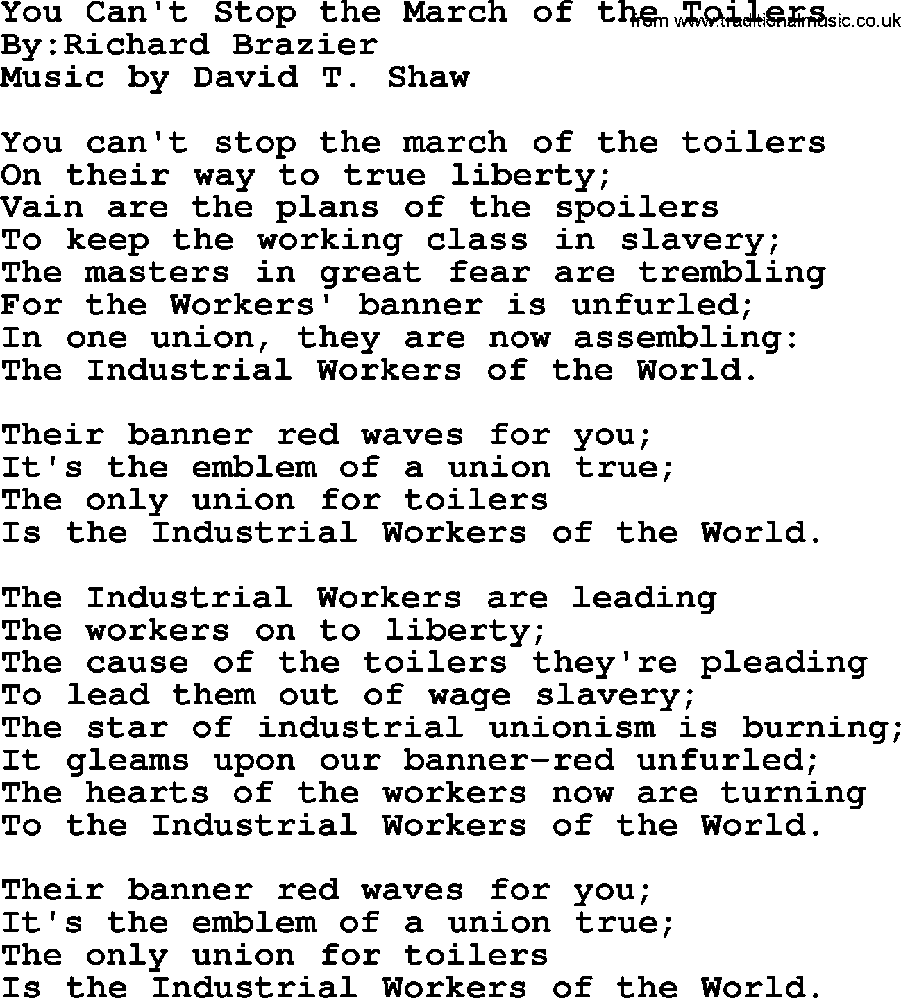 Political, Solidarity, Workers or Union song: You Cant Stop The March Of The Toilers, lyrics