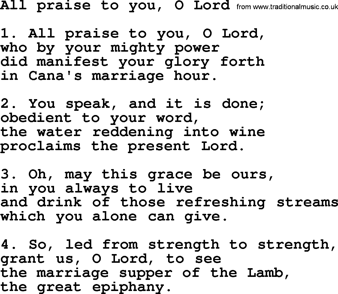 Presbyterian Hymns collection, Hymn: All Praise To You, O Lord, lyrics and PDF