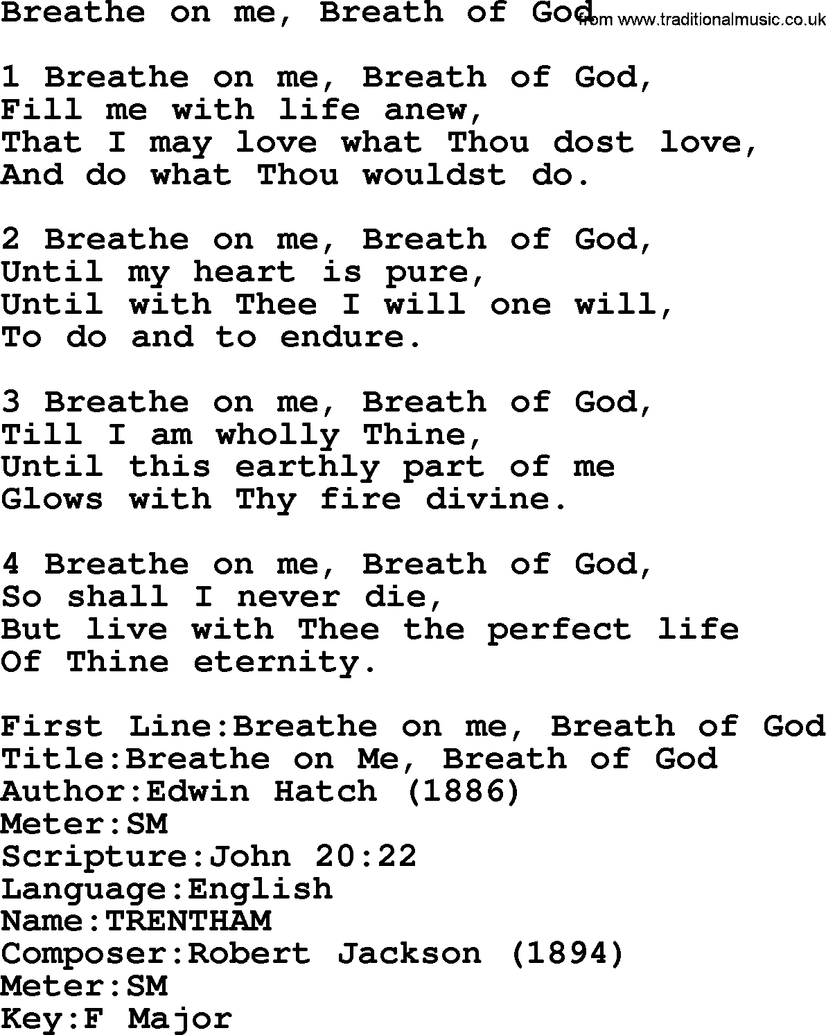 Presbyterian Hymn Breathe On Me, Breath Of God lyrics, and PDF