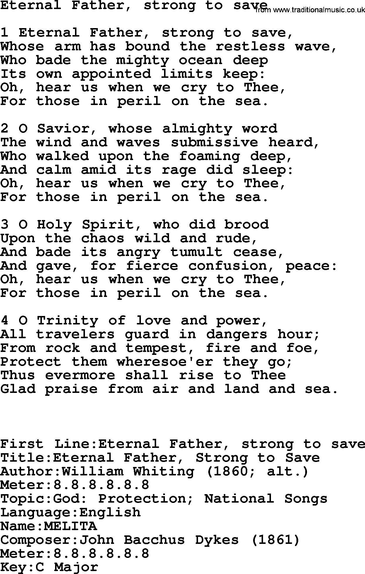 Presbyterian Hymns collection, Hymn: Eternal Father, Strong To Save, lyrics and PDF
