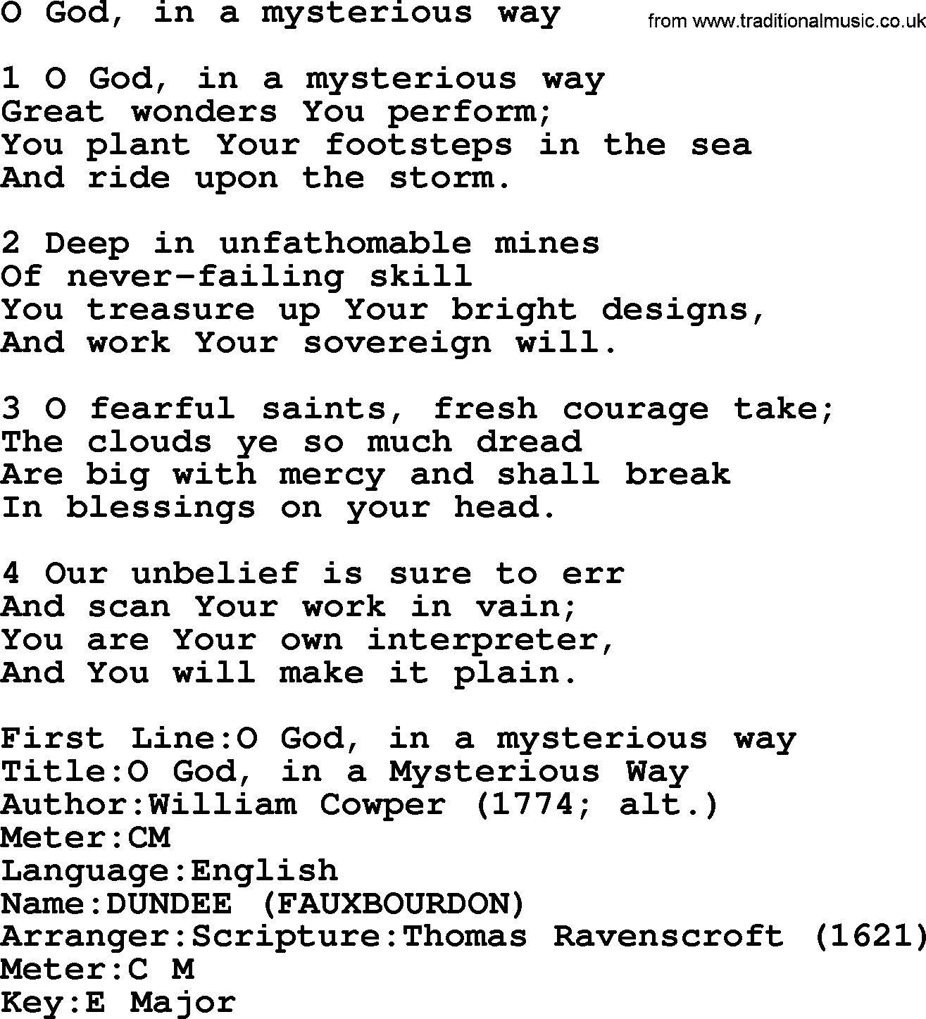 Presbyterian Hymns collection, Hymn: O God, In A Mysterious Way, lyrics and PDF